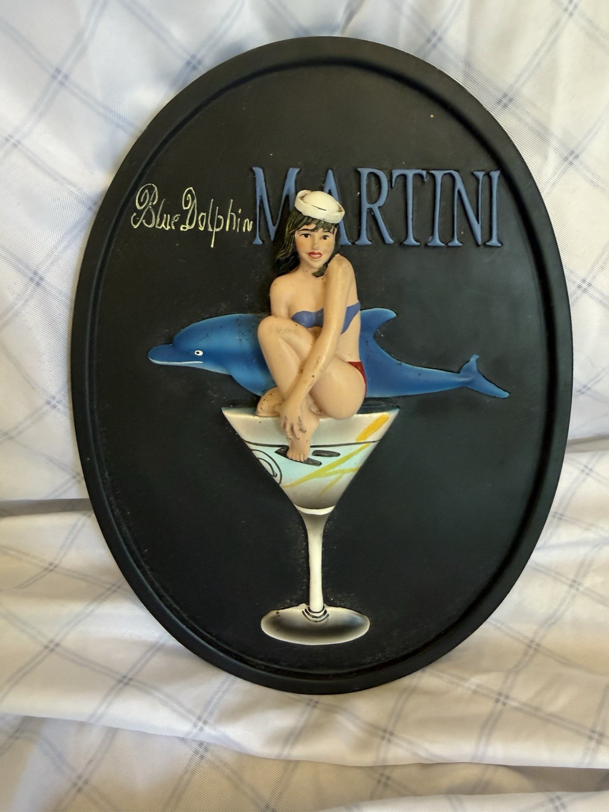 3D Pinup Style Wall Plaque Blue Dolphin Martini 8.5″ x 6.5″ oval