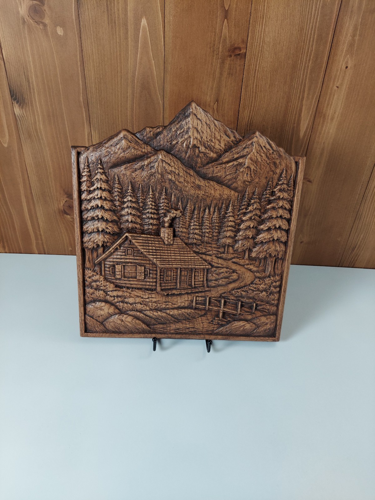 Cabin Wood Wall Art, 3D Relief Carving, Mountain Lodge Handmade Oak Decor Handma