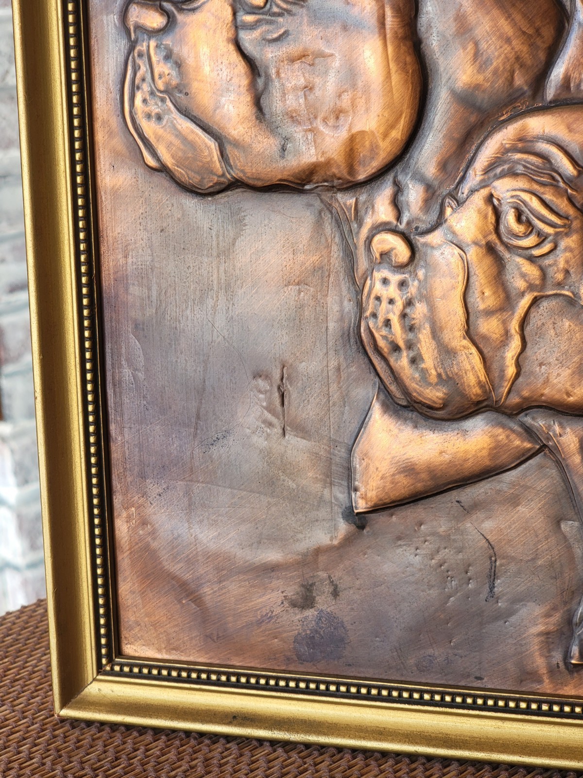 VTG Embossed COPPER Relief BOXER Dog Pair PORTRAIT Framed WALL FOLK ART 10×12