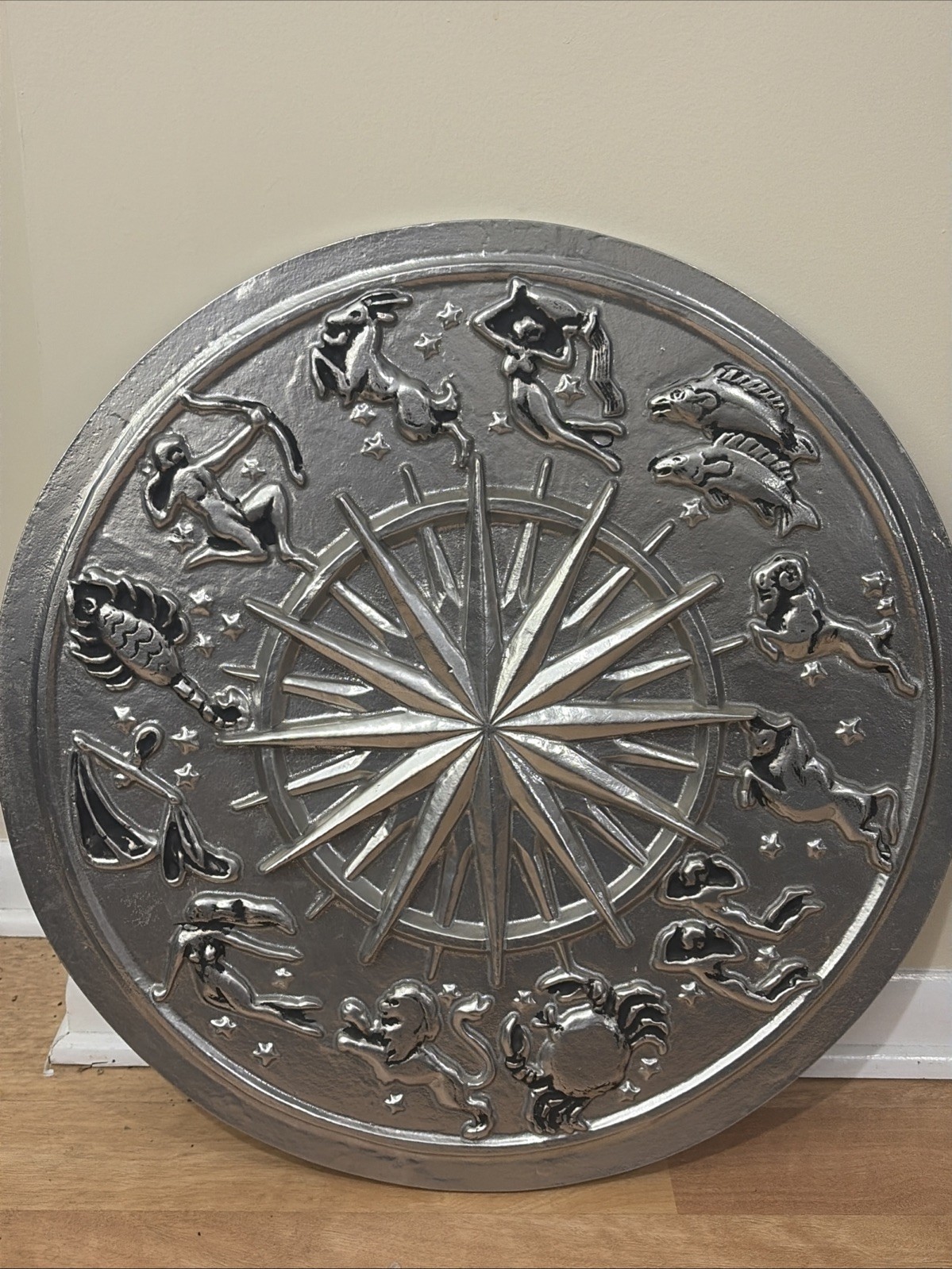 Rare Zodiac, Sun, Starburst astrology Metal Wall Plaque 3D Silver Color 23.5” D