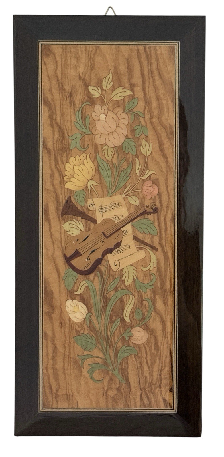 Vintage Italian Marquetry Wall Art Carved Wood Inlay Floral Violin Handcrafted