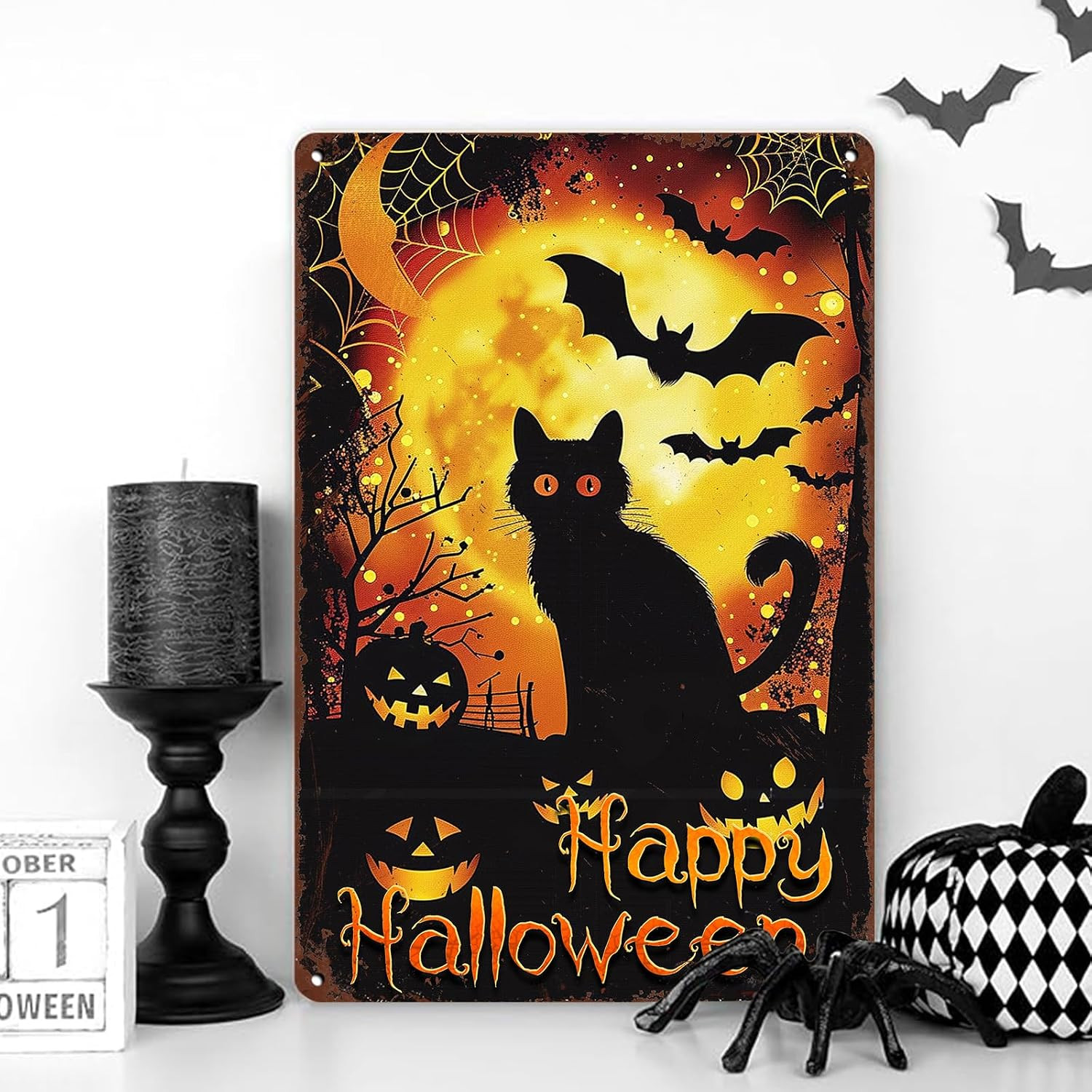 Halloween Black Cat Metal Sign Happy Halloween Garden Decoration Iron Poster Pai