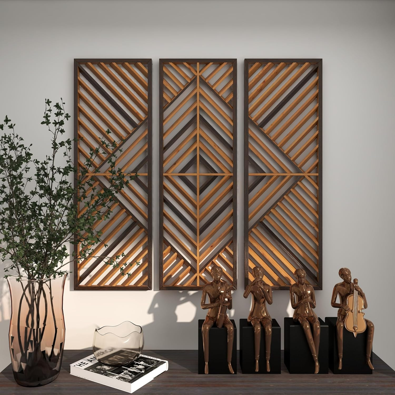 Set of 3 Brown Wood Geometric Wall Art Sculptures, 12″W x 35″H