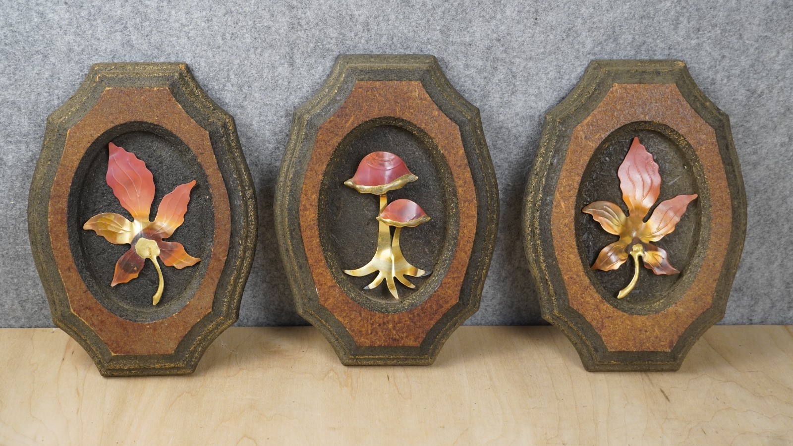 Vintage MCM Wall Plaques Set 3 Syroco Style Maple Leaves Mushroom 1960s Decor