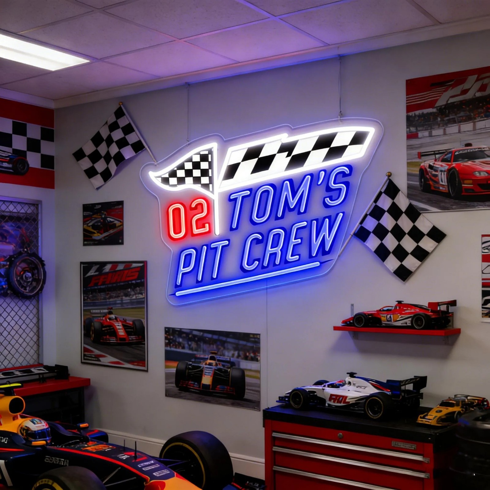 Custom Race Name Neon Sign Personalized Name Flag Racing Garage Art Decor