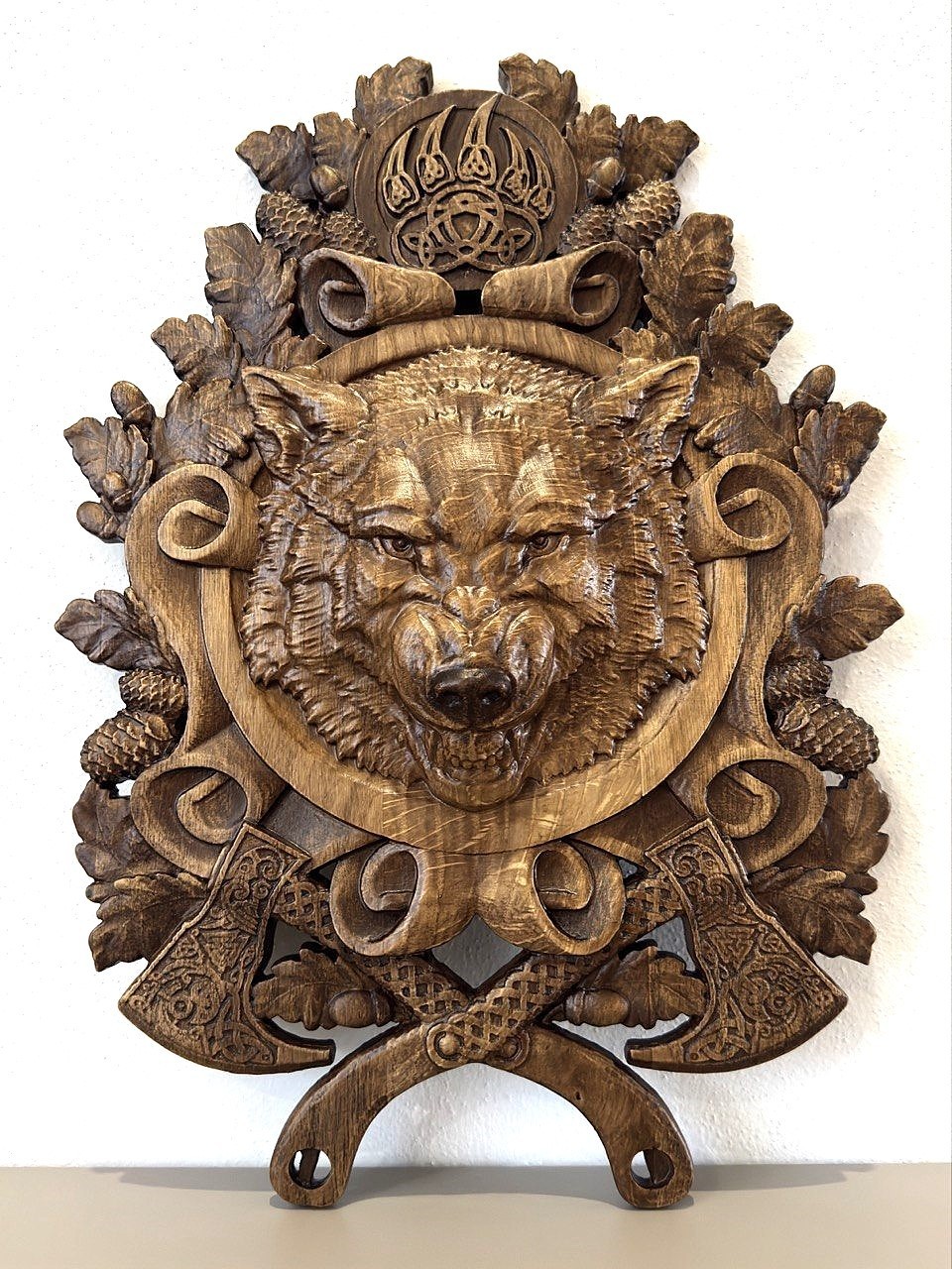 Wolf Wooden carved Wall Plaque Viking Axes Celtic Norse Mythology Relief Decor