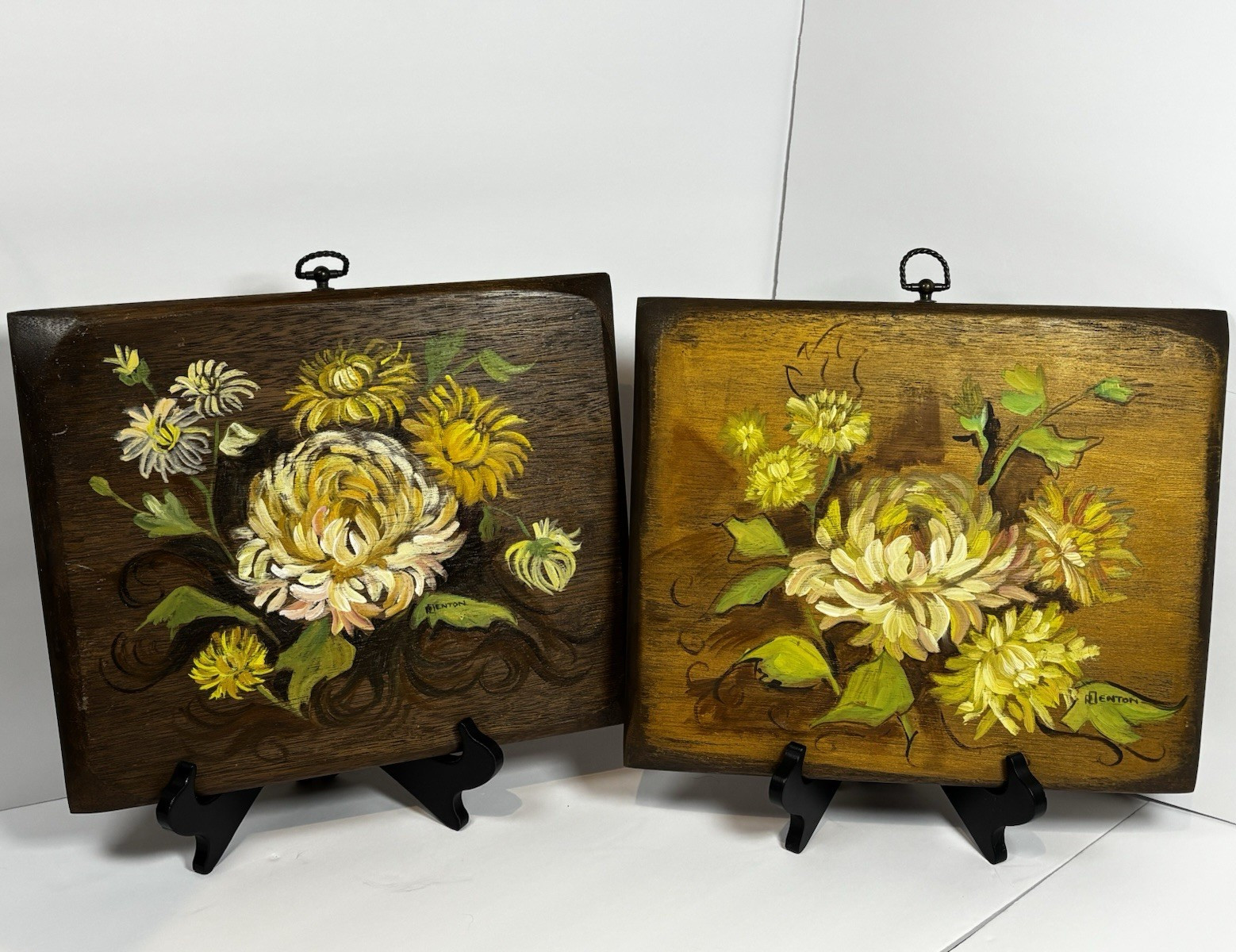 2 Hand Painted Floral Wood Wall Hanging Plaques, Yellow Flowers, Brown