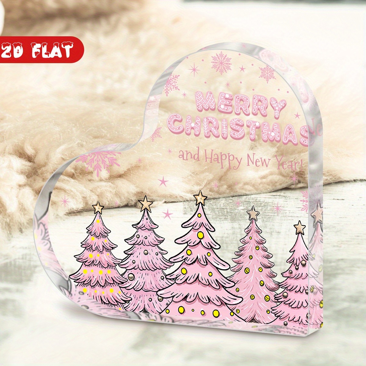 Pink Christmas Tree Heart Shape Acrylic Plaque Merry Christmas Farmhouse Decor