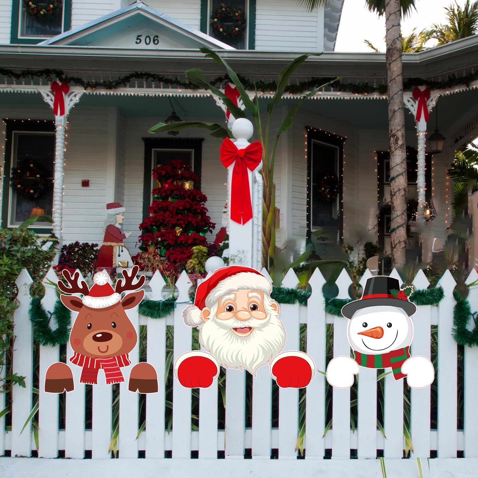 3 Pcs Christmas Fence Peeker Decor with Light Santa Snowman Elk Gingerbread M…