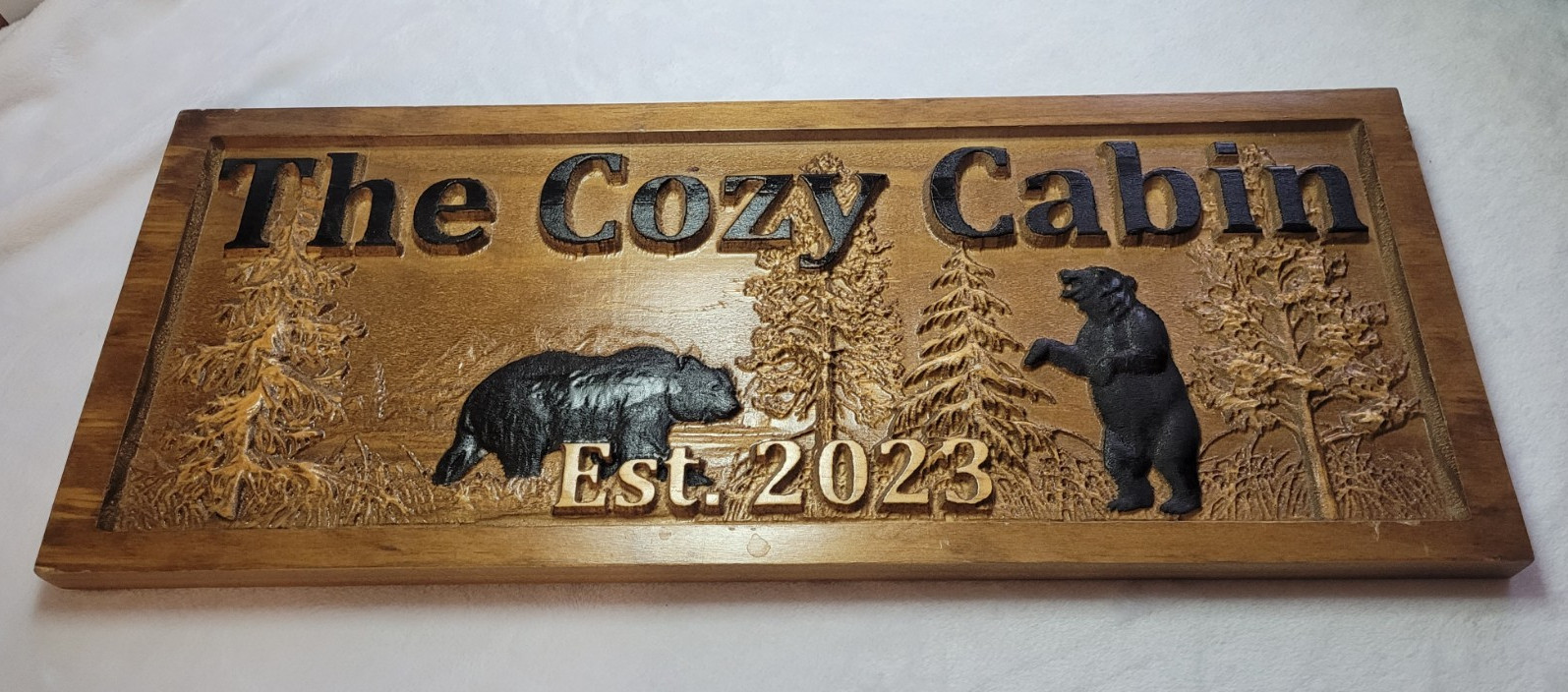 Engraved Wood Rustic Bear Cabin Wall Sign “The Cozy Cabin” Est. 2023 23×9