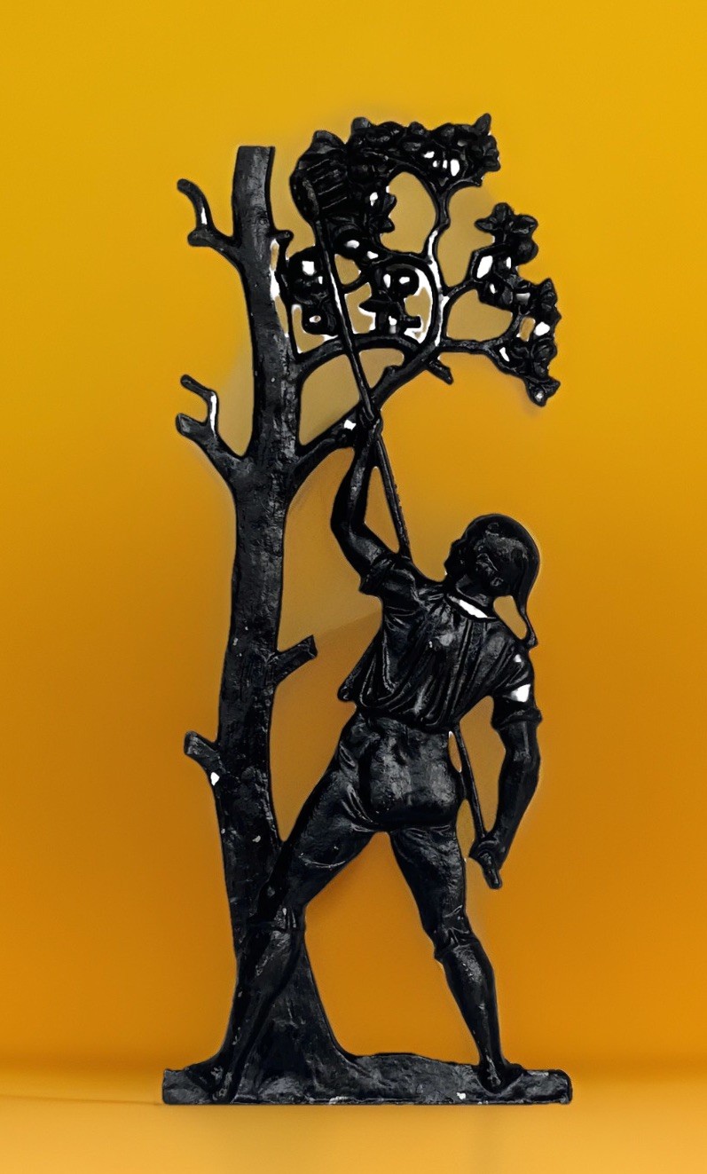 JZH 1957 Vintage Black Cast Metal Silhouette of a Man Picking Fruit/Apples 17″T
