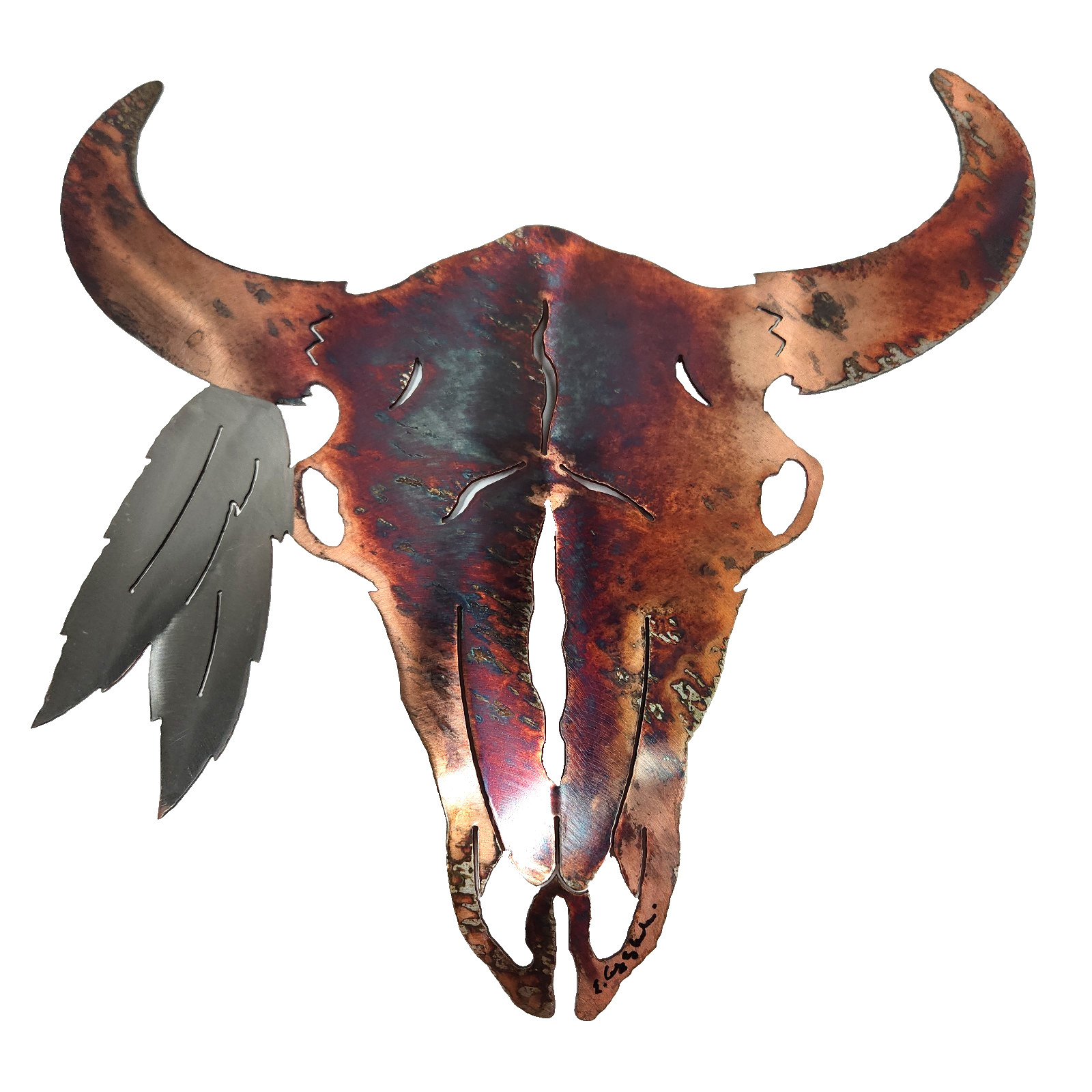 Plasma Cut Metal Bull Skull Wall Art Signed Horns Feathers Western Man Cave