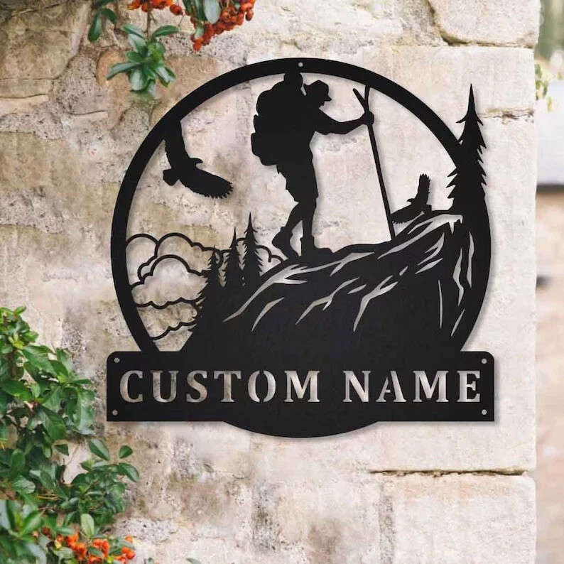 Personalized Mountain Hiking Metal Sign Custom Name Monogram Adventure Wall Art