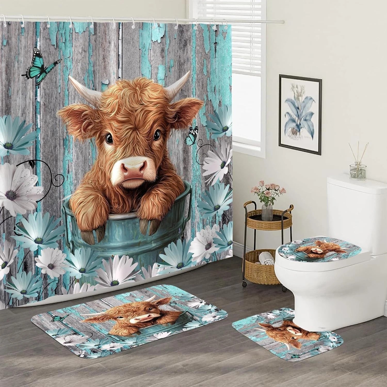 Highland Cow Bathroom Set – Farmhouse Decor 4 Pc//