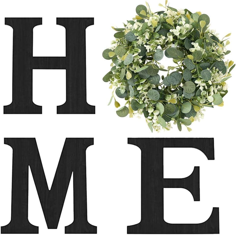 Wood Home Sign with Artificial Eucalyptus Wreath for O, Hanging Farmhouse Wall H