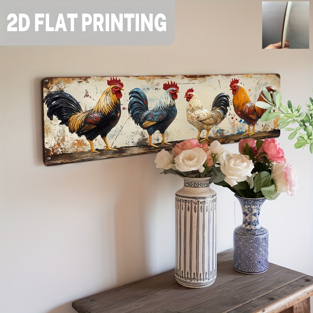 Colorful Roosters Metal Tin Sign Farm Animal Long Plaque Wall Hanging Decoration