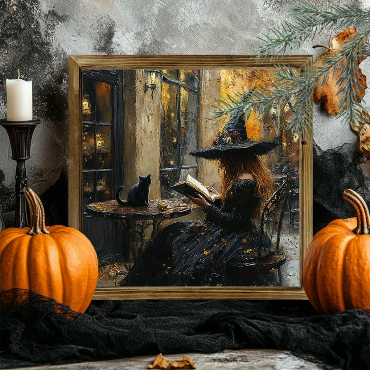 Witch Book Black Cat Halloween Wooden Sign Farmhouse Decor for Kitchen Cafe Gift