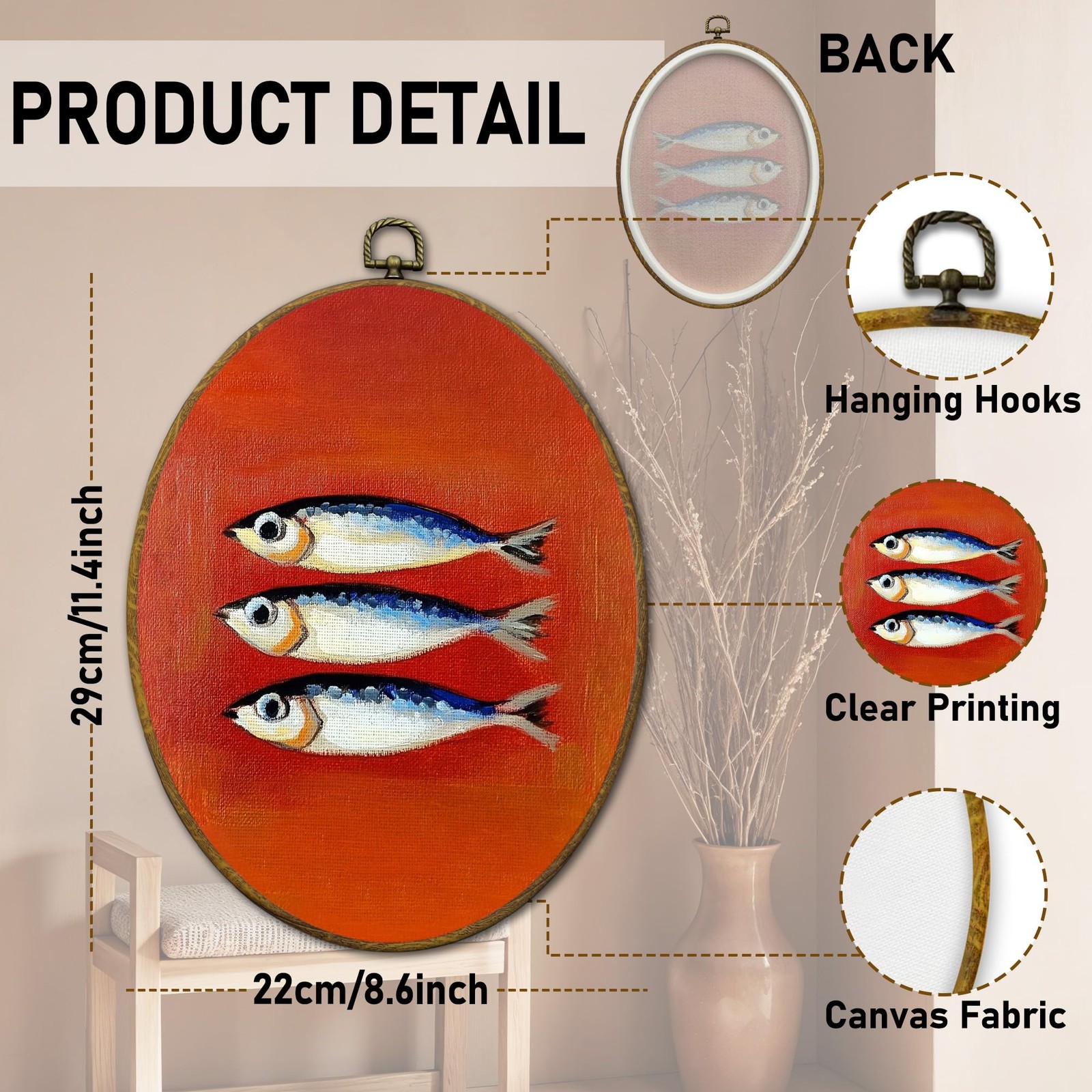 Vintage Coastal Sardine Fish Oval Wall Art Decor Framed, Retro Ocean Beach Ki…