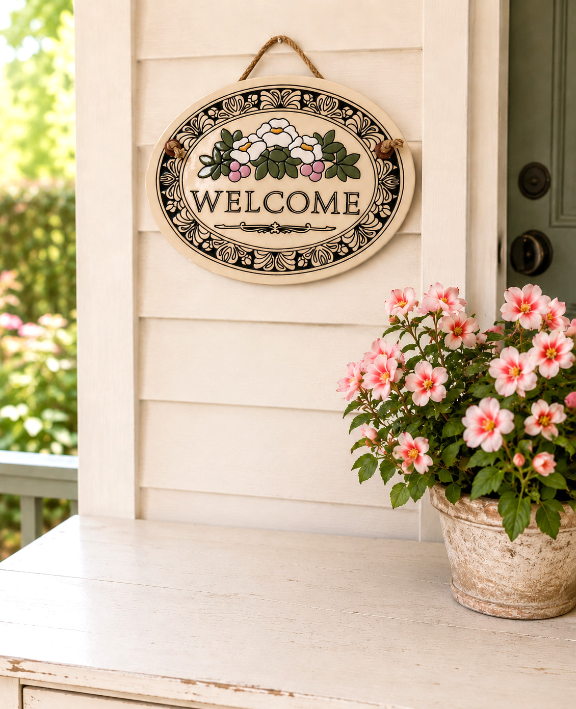 Welcome Ceramic Trinity Pottery Wall Display Plaque Sign Flowers Made in USA 7.5