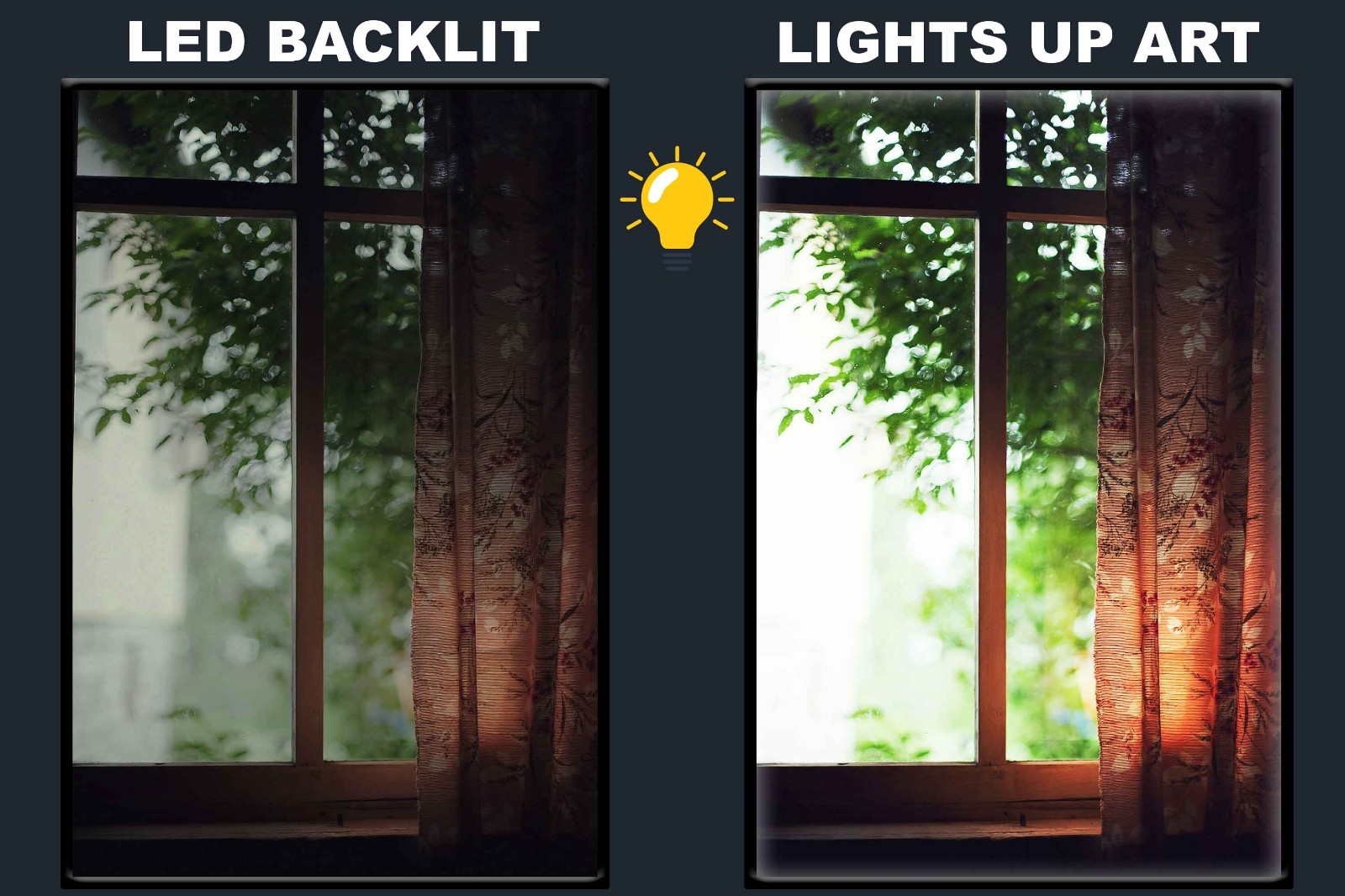 LED Backlit Window View Wall Art Lighted Frame – floral curtain green leaf tree