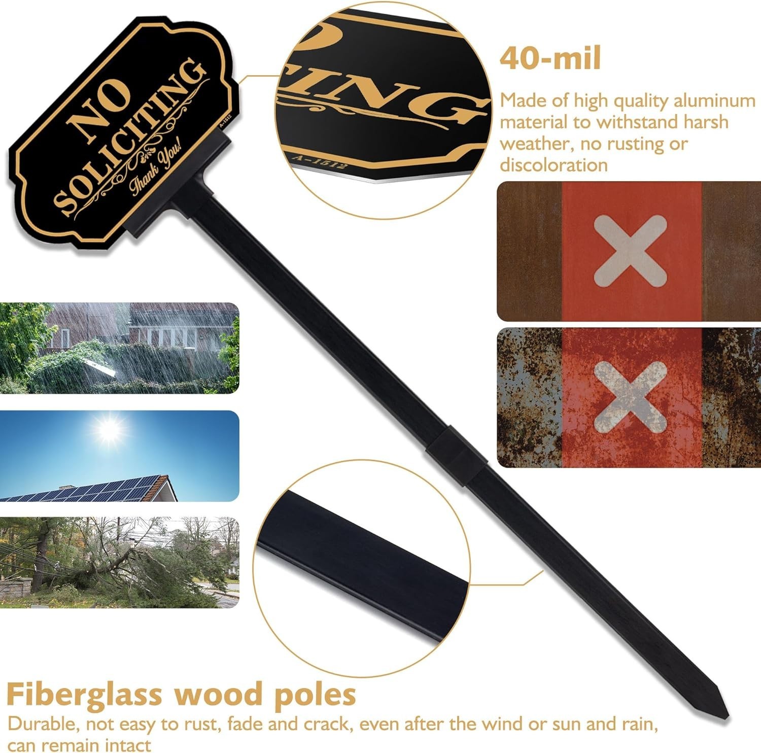 Luxury No Soliciting Yard Sign – 50-mil Aluminum with Rust-Free Fiberglass Stake