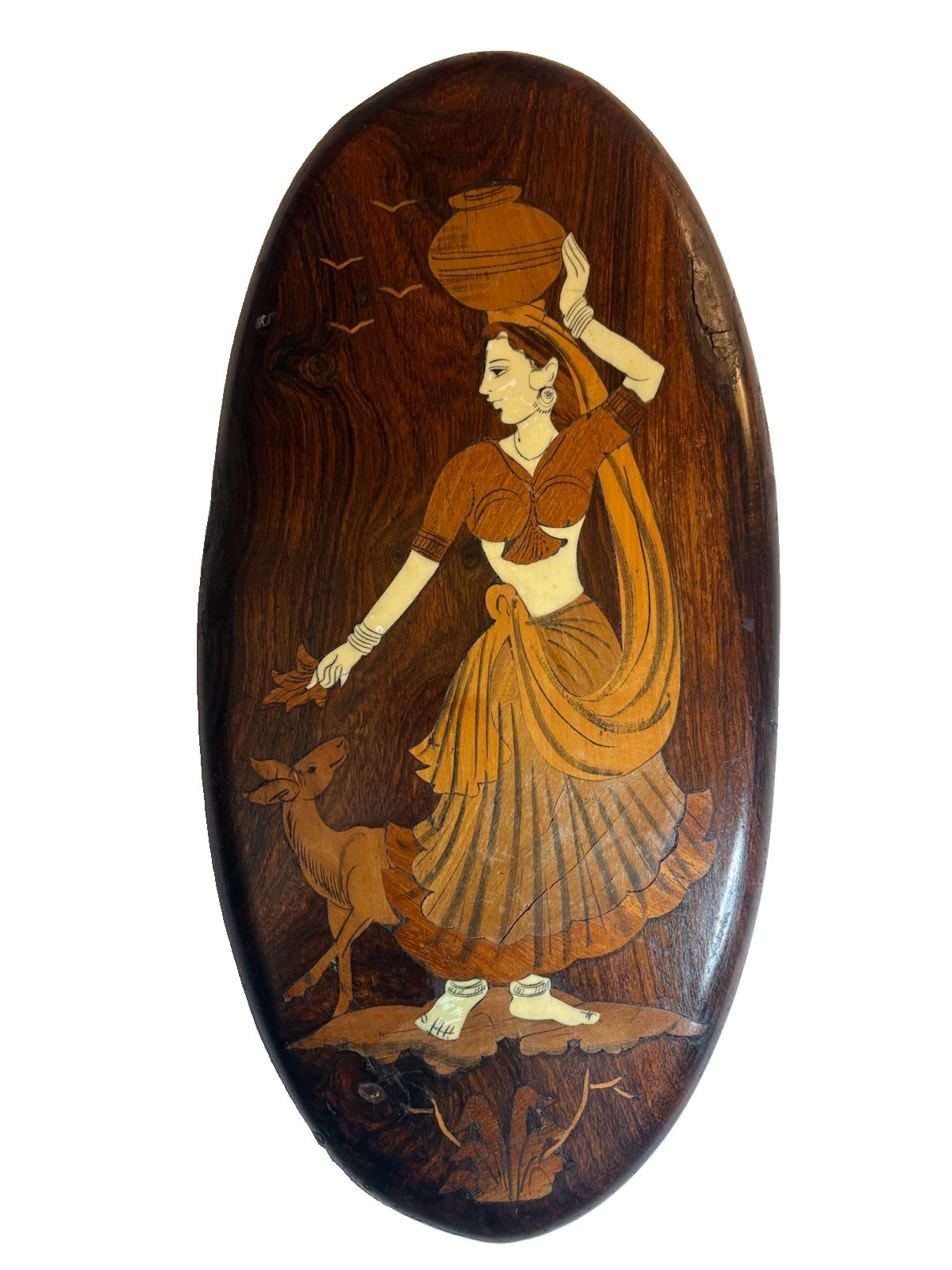Vintage Indian Handcrafted Wood Inlay Wall Plaque Woman Deer 16” X 7” Boho Decor