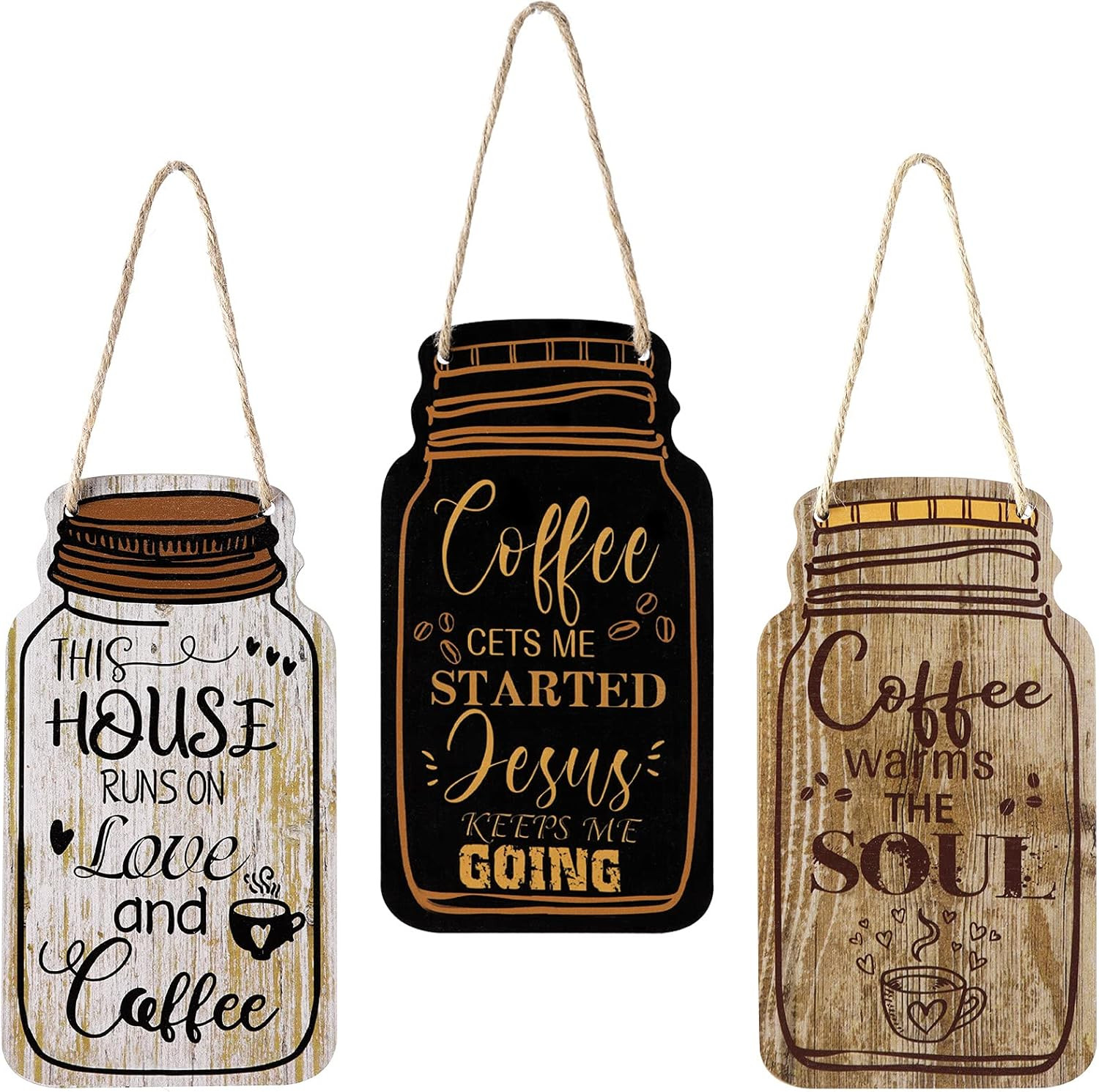 3 Pcs Coffee Bar Decor Sign Mason Jar Wall Hanging Plaque Farmhouse