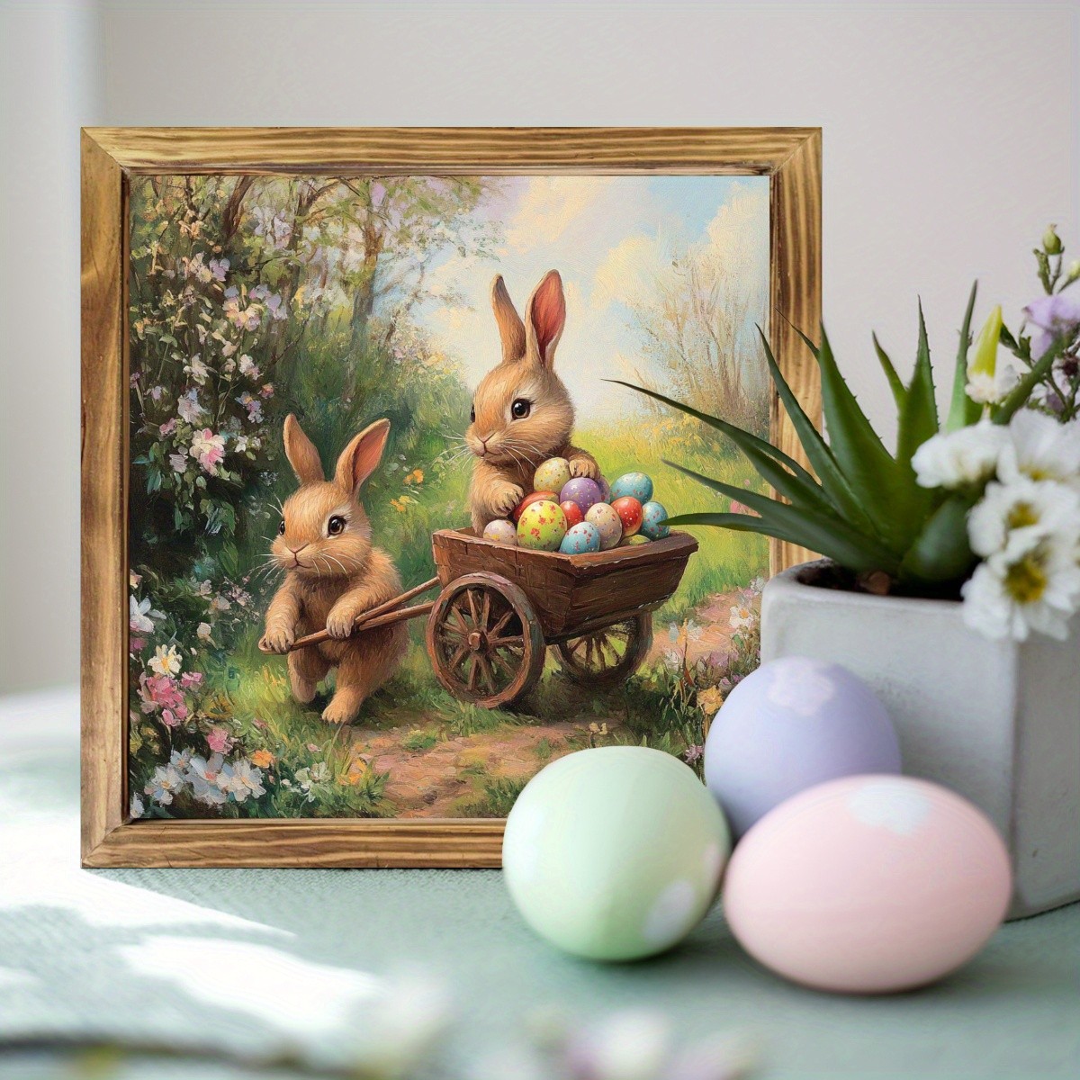Easter Bunnies with Egg Wheelbarrow Wooden Plaque Rustic Spring Holiday Decor