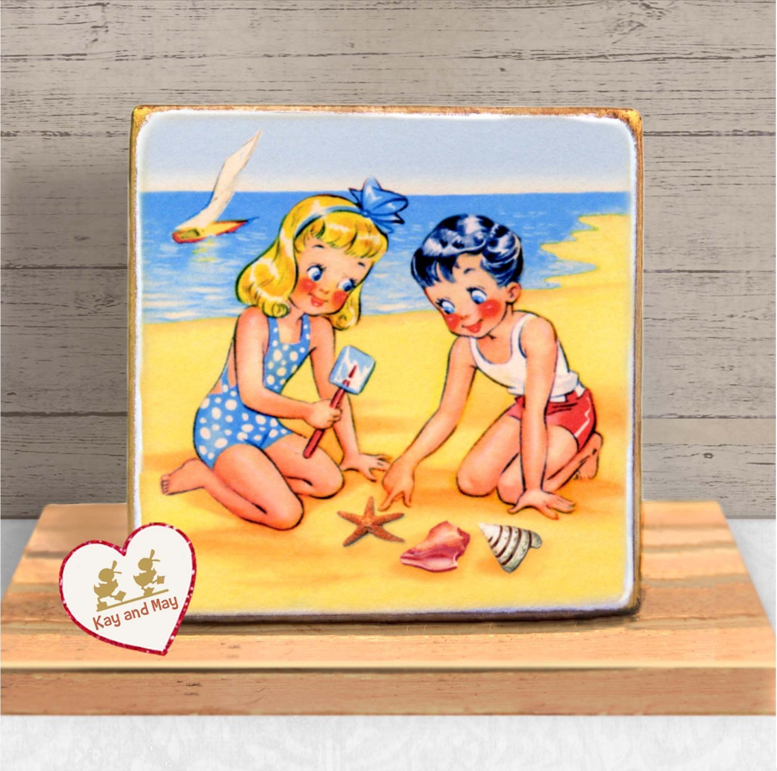 Children at the Beach collecting sea shells retro Summer shelf decor art WB-242