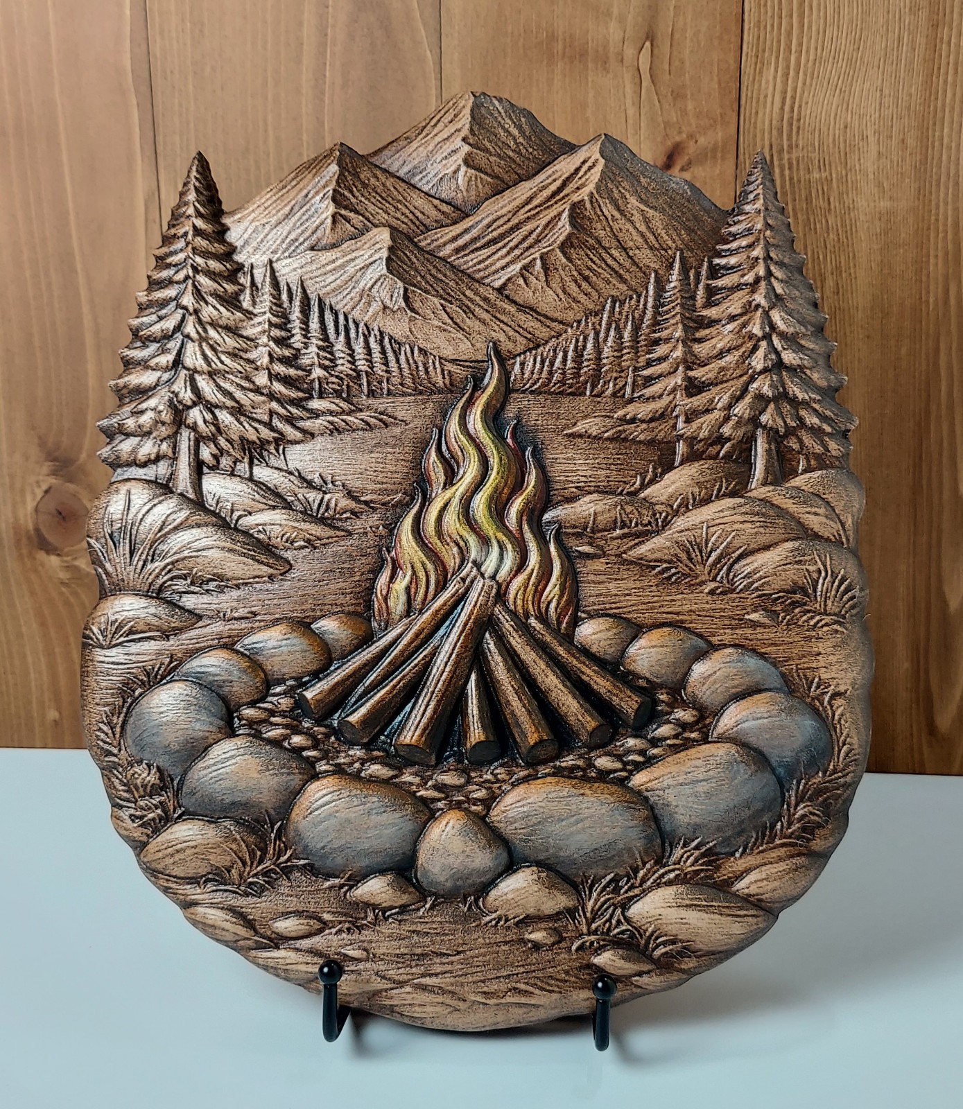 Campfire Wood Wall Art, 3D Relief Carving, Handmade Maple Cabin Decor