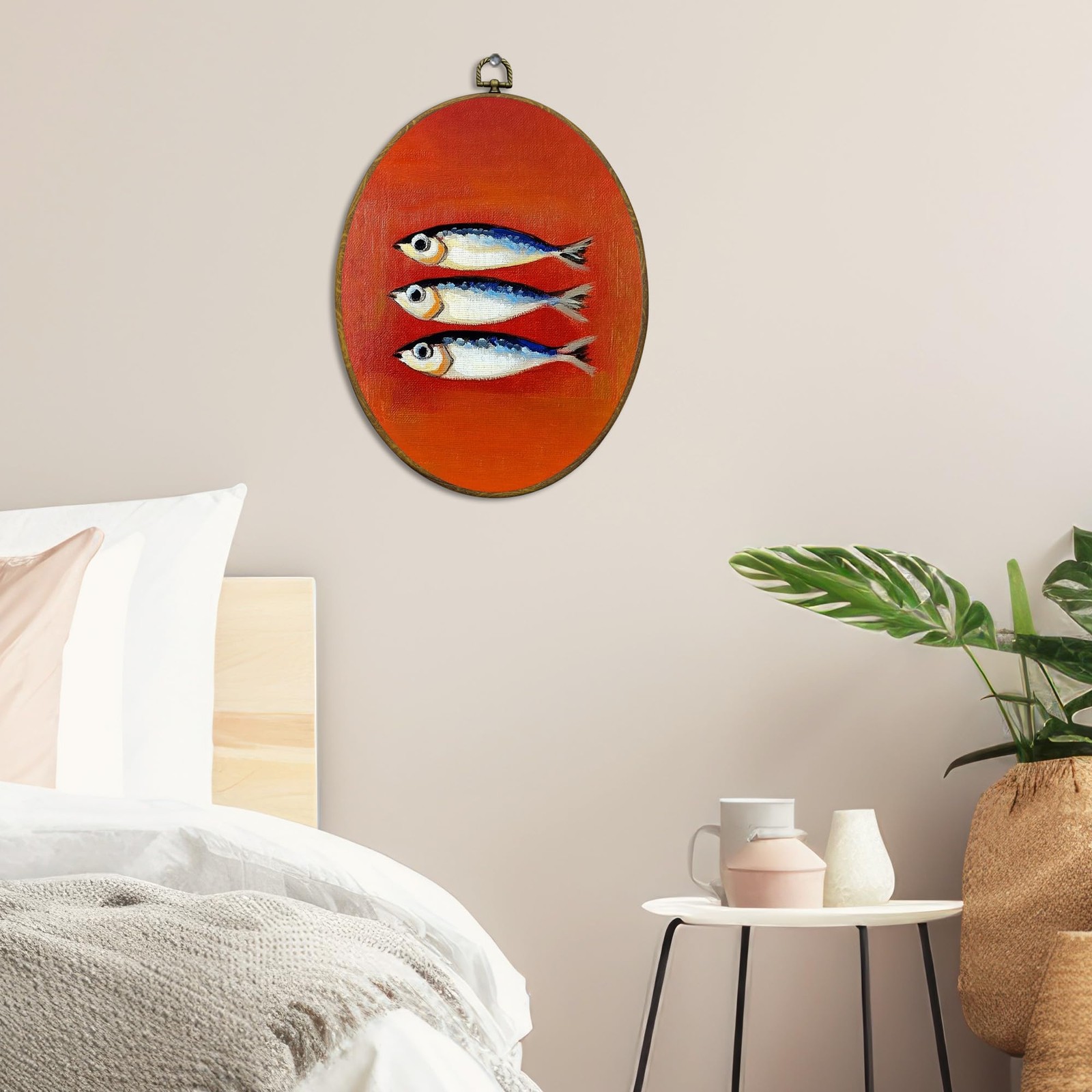 Vintage Coastal Sardine Fish Oval Wall Art Decor Framed, Retro Ocean Beach Ki…