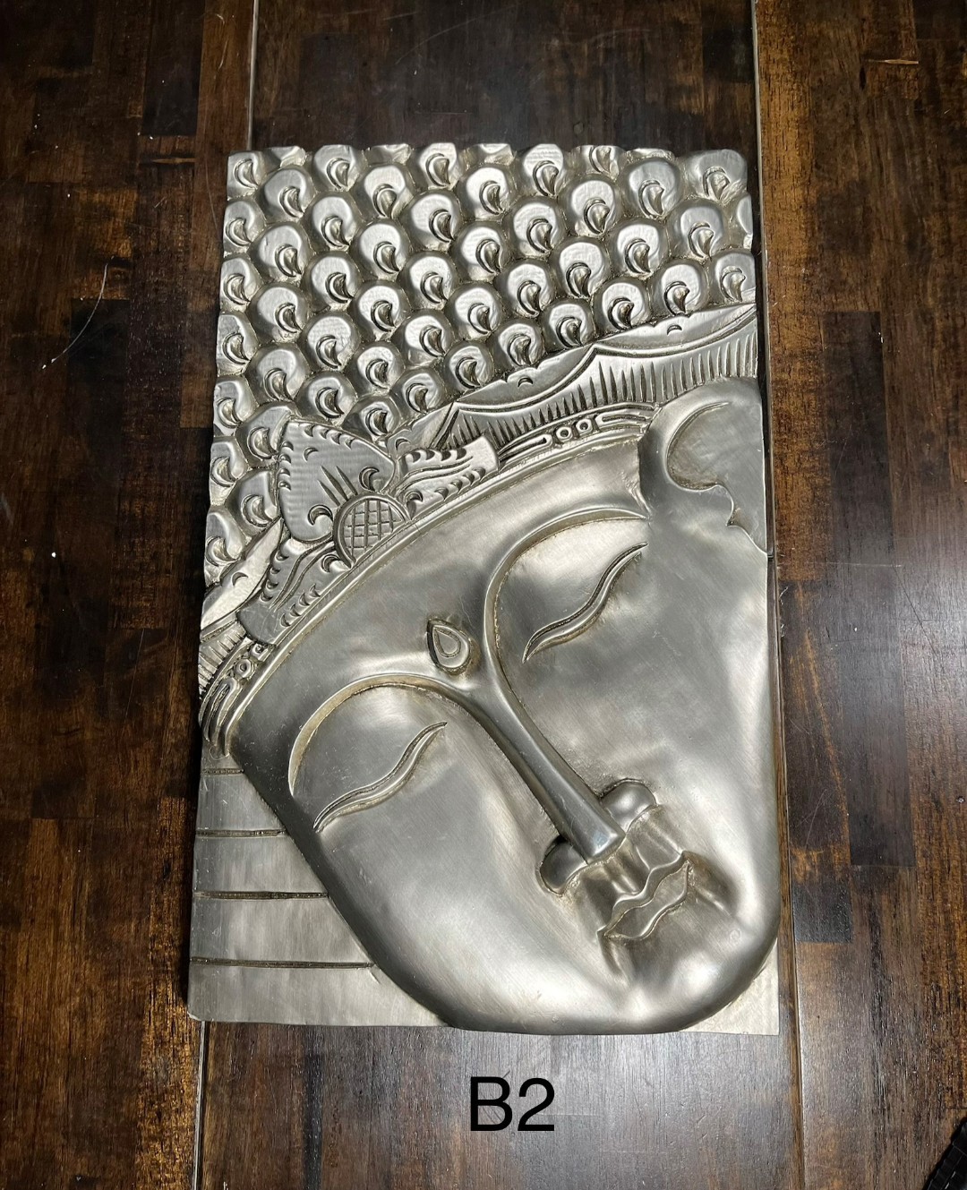 Silver WoodenBuddha Face Wall Plaque, 3D Effect 15×11″
