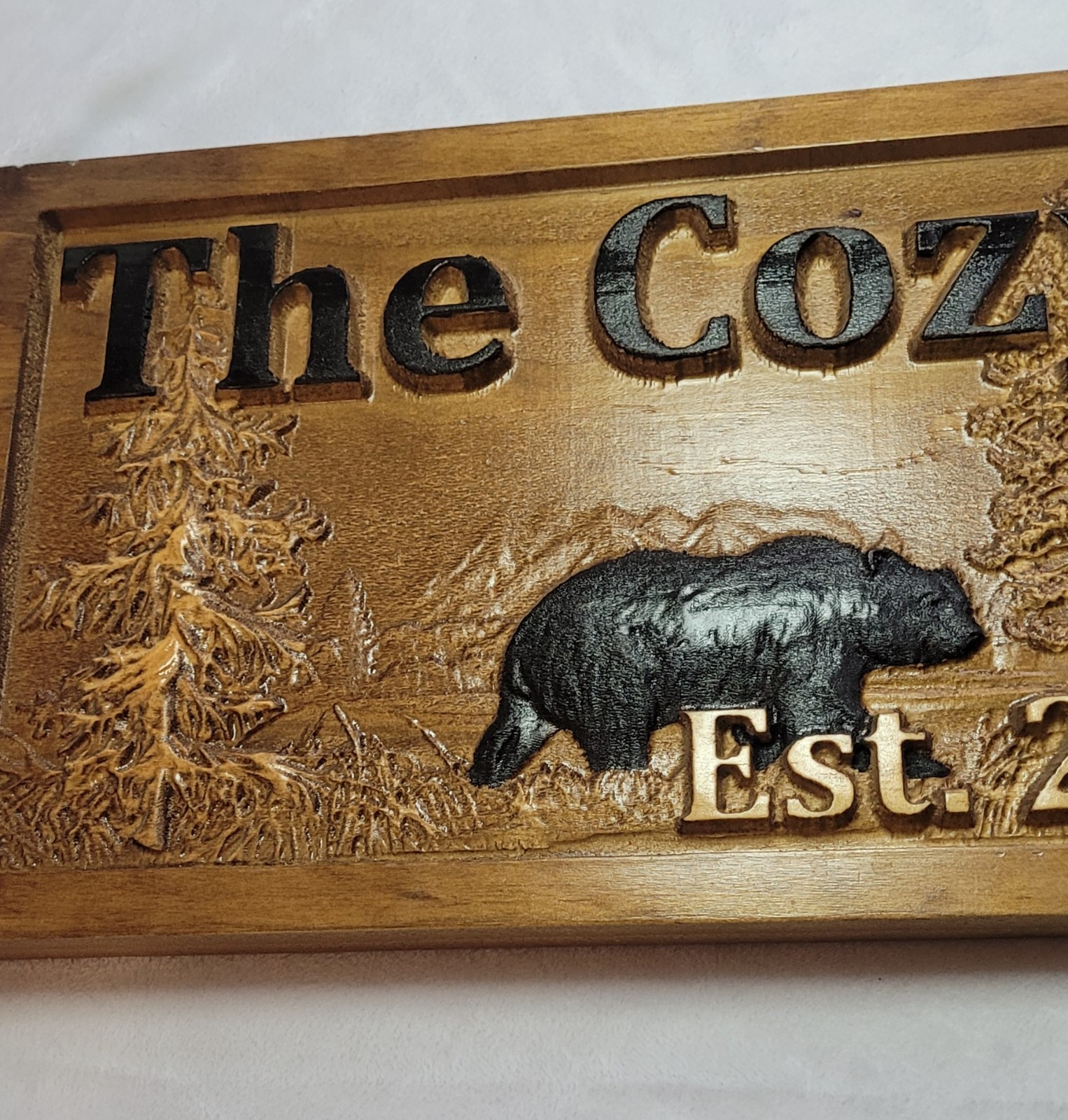 Engraved Wood Rustic Bear Cabin Wall Sign “The Cozy Cabin” Est. 2023 23×9