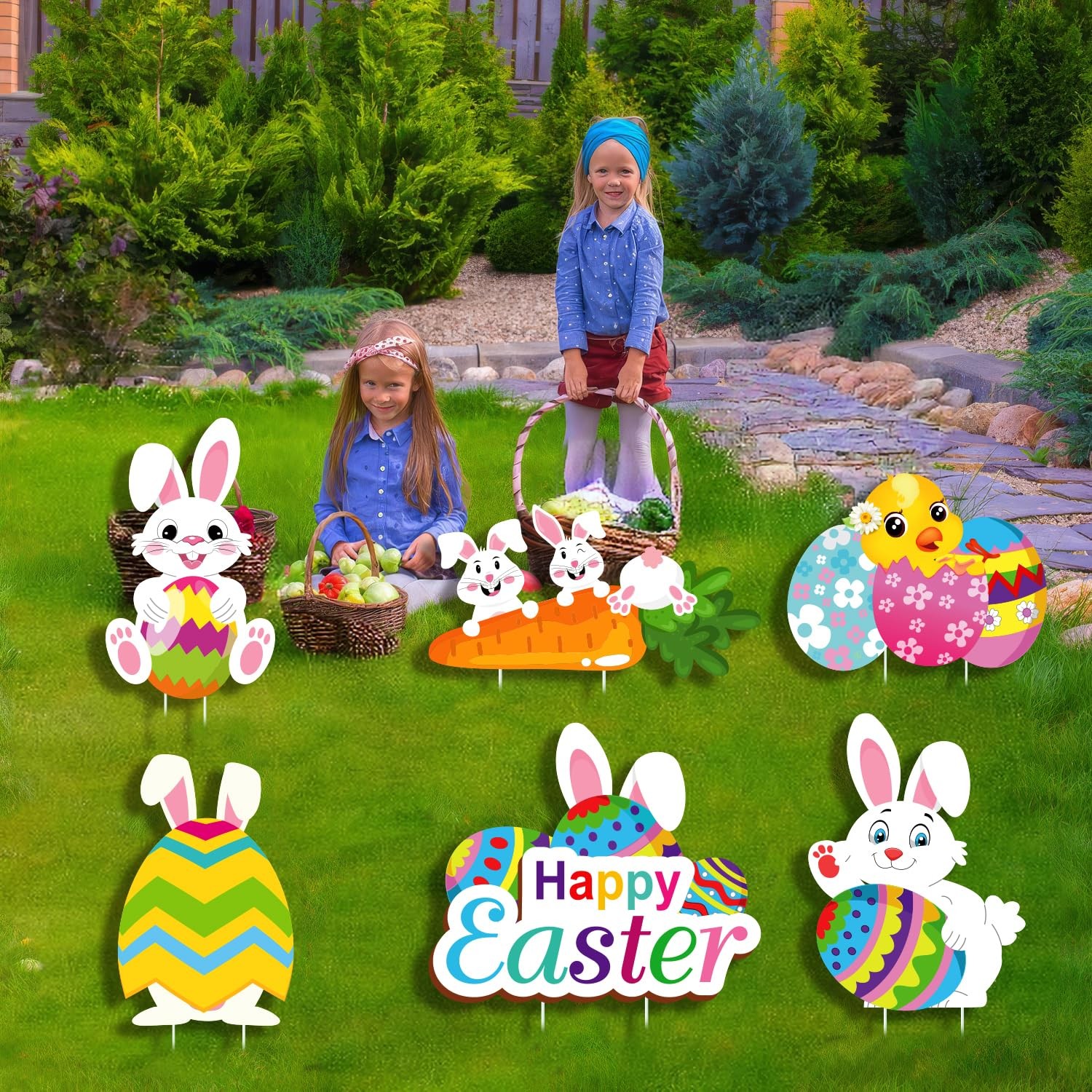 15 Inch Colorful Easter Yard Sign Cute Bunny Chick Egg Stakes Decor 6 PCS