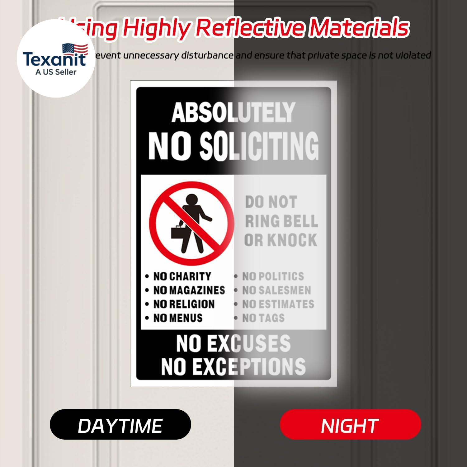 No Soliciting Sign for Front Door, 3 Pack 6X4 Inch Reflective Vinyl Stickers for