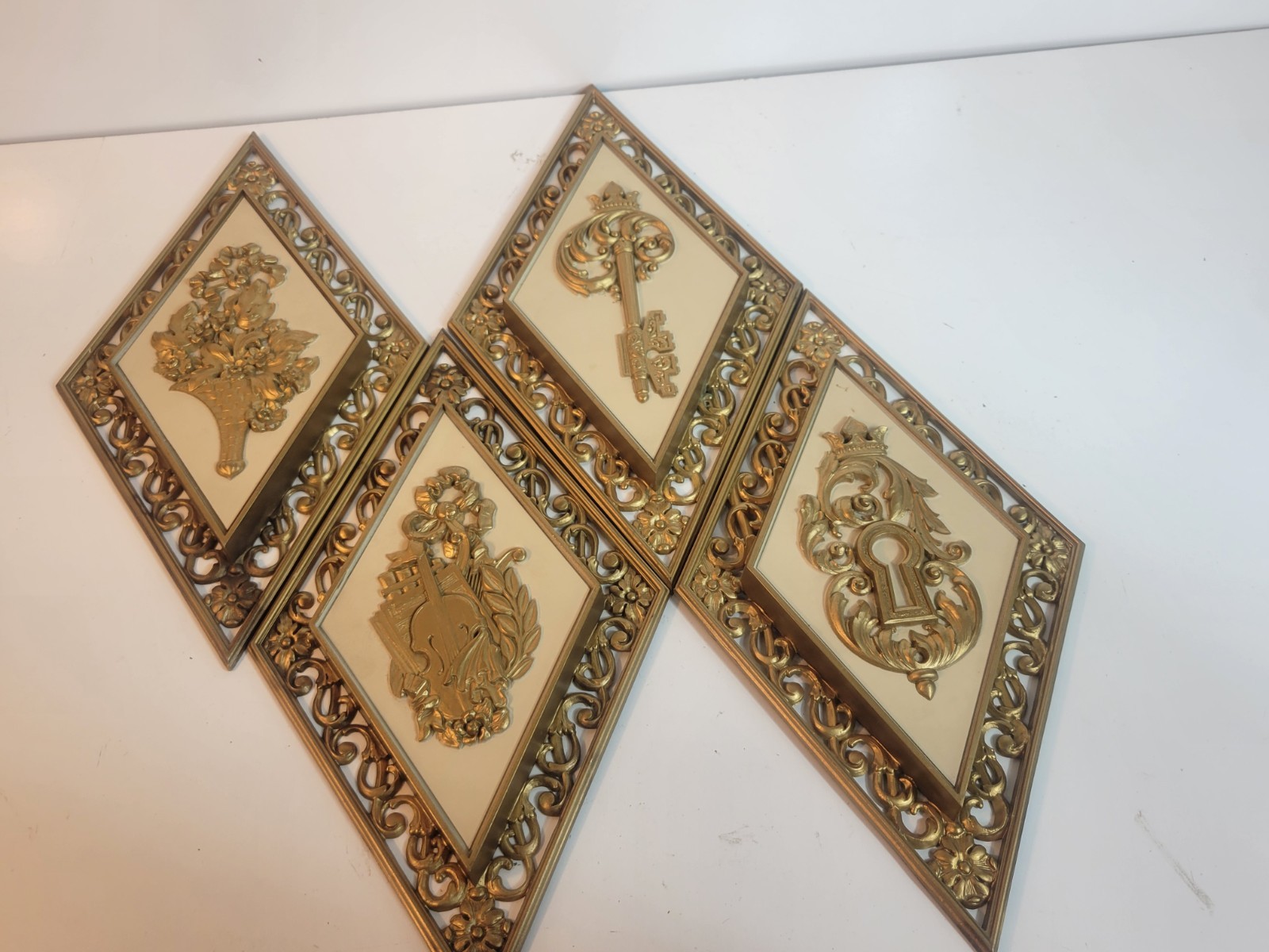 Dart Homco Diamond Shaped Floral Gold Ornate Wall Plaques Set Of 4 Hollywood MCM