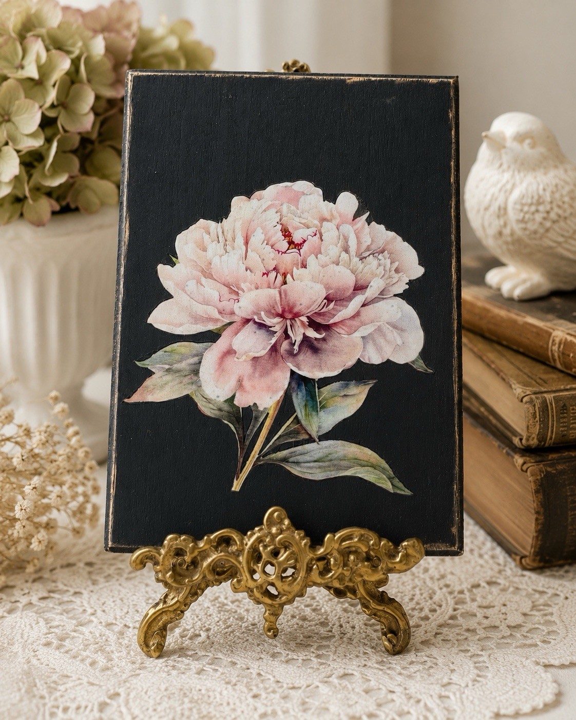 Handmade Vintage Inspired Pink Peony Wood Wall Hanging Plaque 5×7 Floral Decor