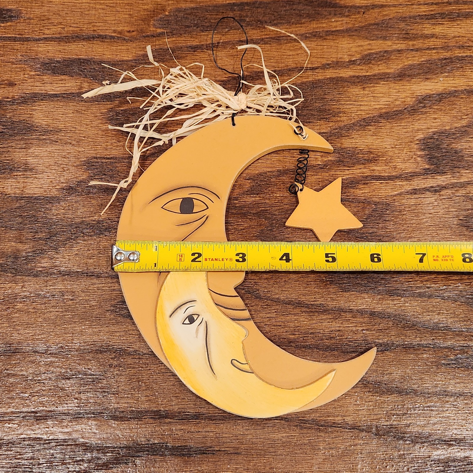 Crescent Moon Face & Star Yellow Light Wooden Hanging Wall Decor Celestial Space