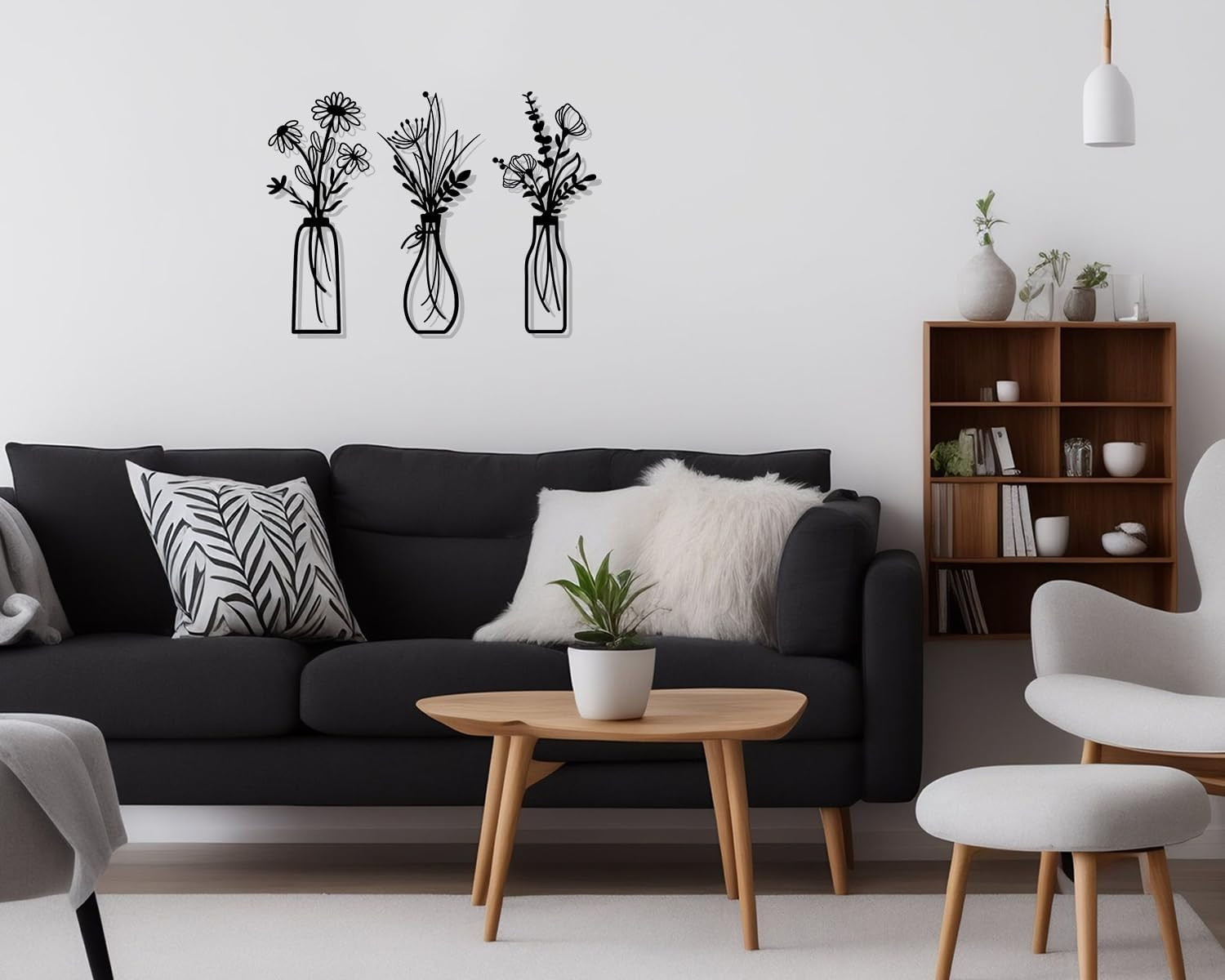 3 Pieces Metal Flowers Wall Arts – Rustic Farmhouse Decor Black Minimalist Flowe