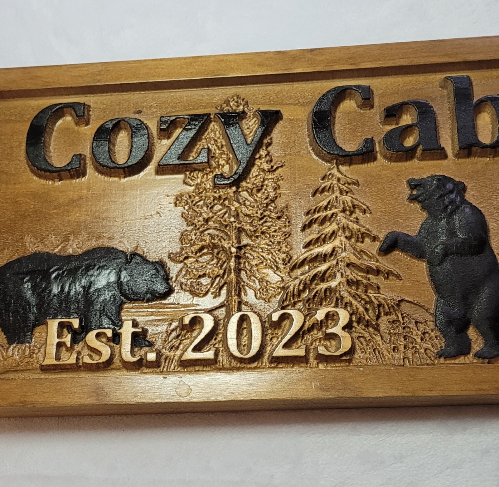Engraved Wood Rustic Bear Cabin Wall Sign “The Cozy Cabin” Est. 2023 23×9