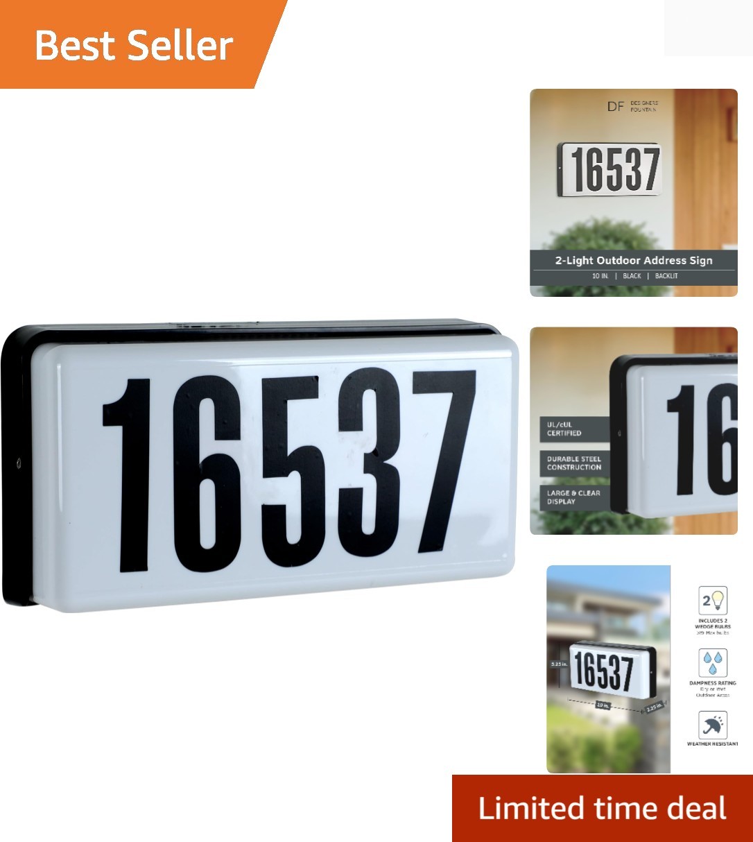 Lighted House Number Sign, 2-Light Outdoor Home Address Plaque, 10 Inch, Black,