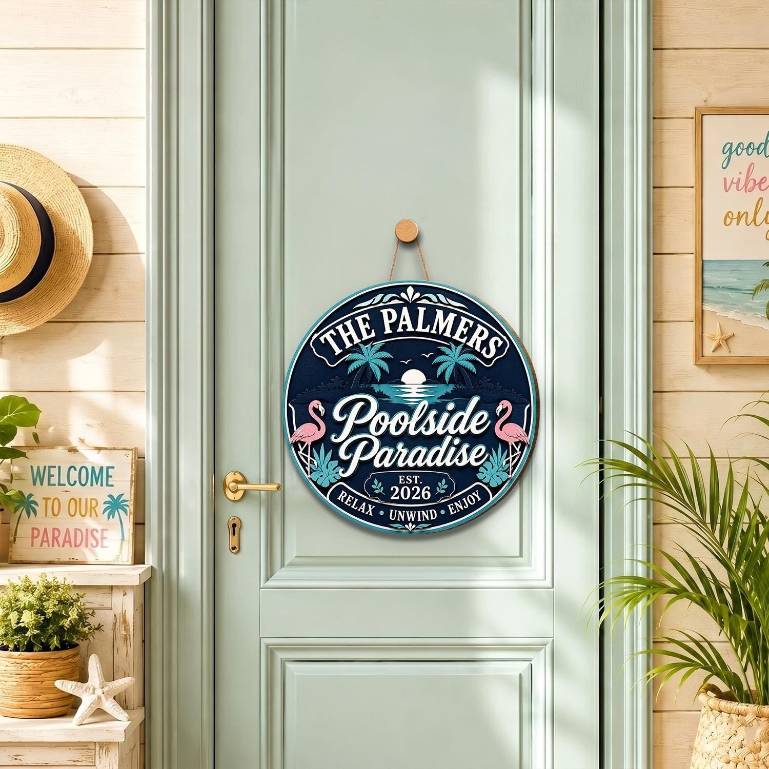 Personalized Poolside Paradise Door Sign, Tropical Flamingo Summer Patio Decor