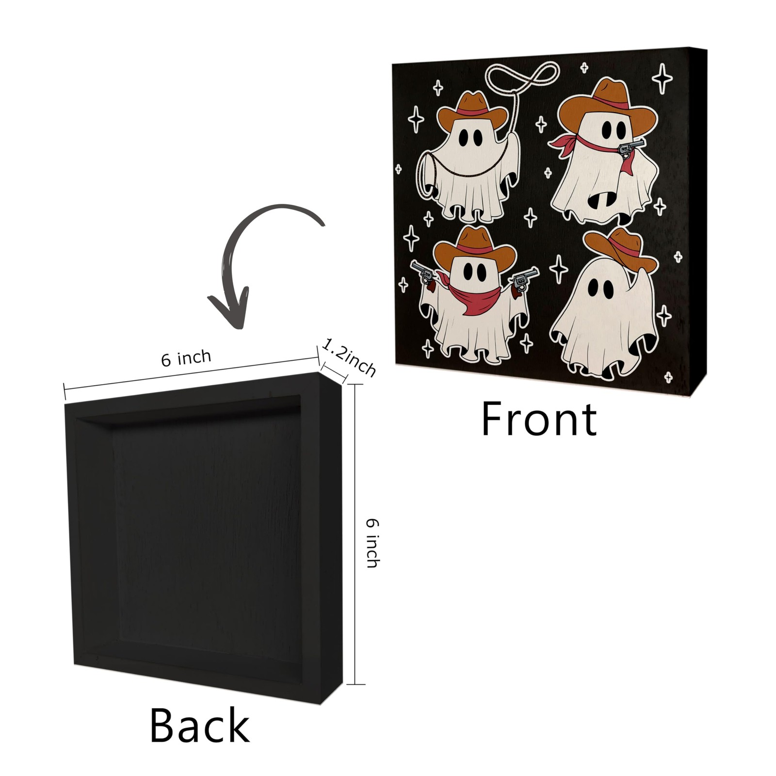 KEUSPI Western Halloween Ghost Wooden Box Sign Home 5×5 inches, Cowboy