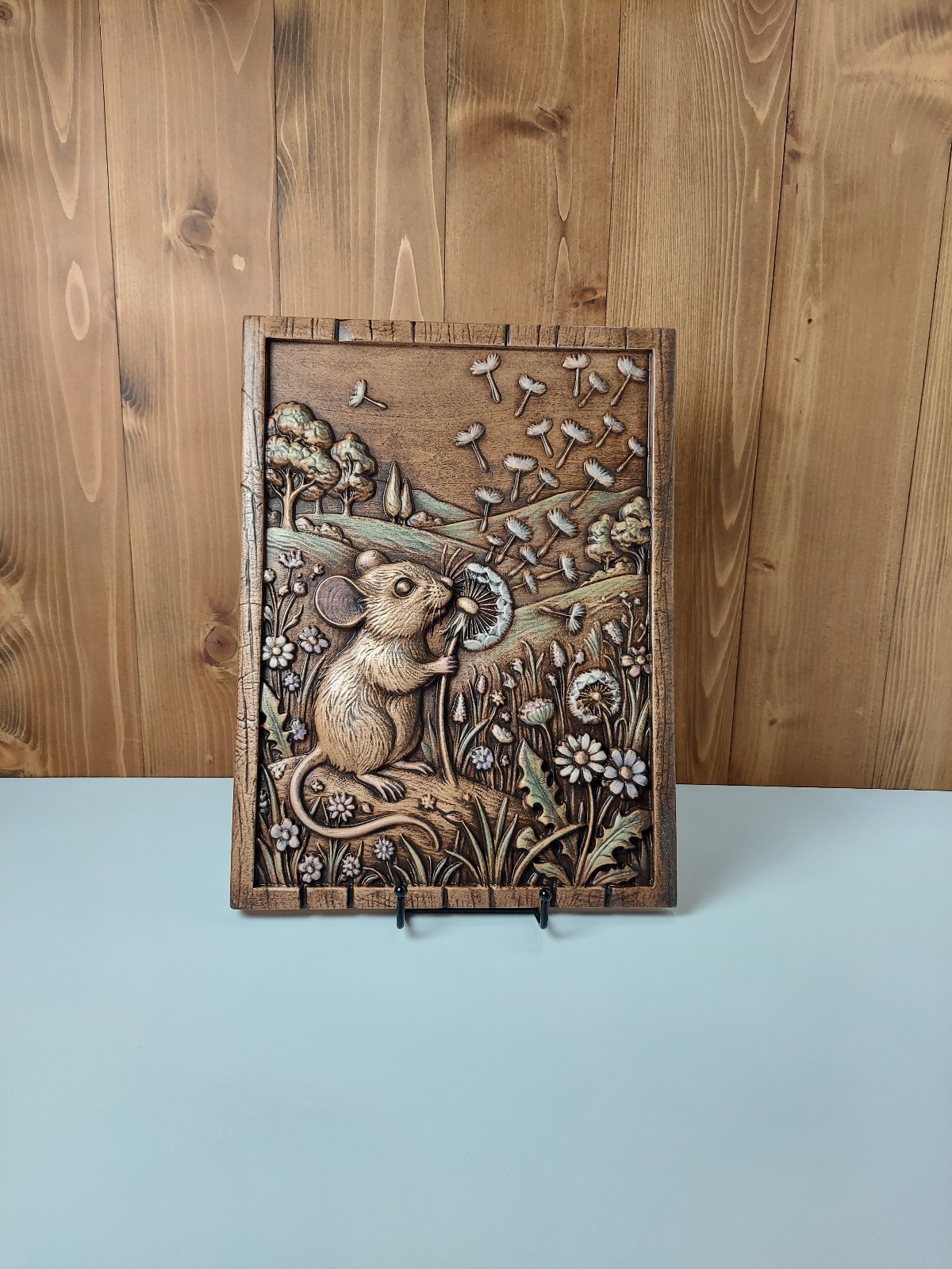 Mouse Dandelion Wood Wall Art, 3D Relief Carving, Handmade Maple Decor