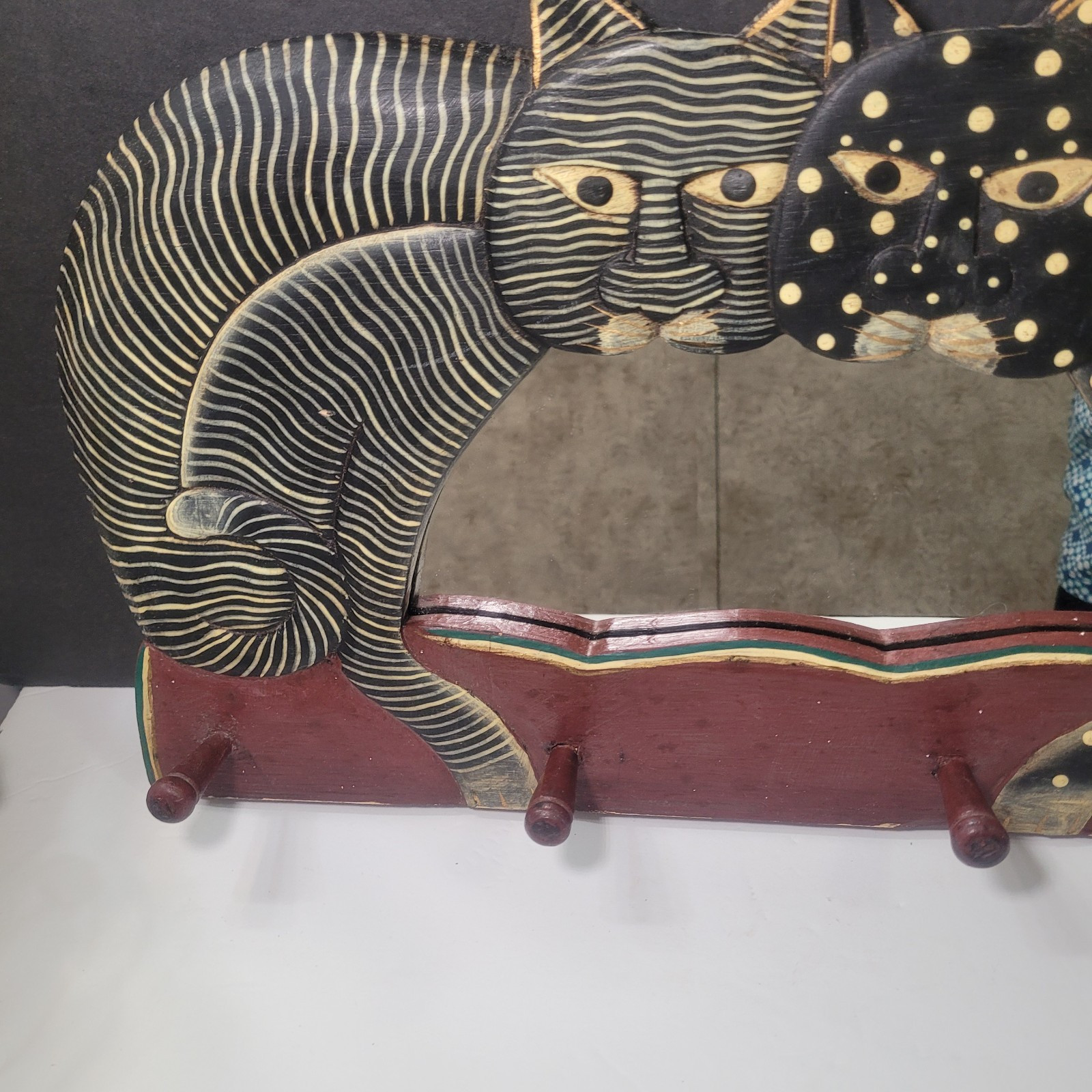 Vintage Folk Art Cats Black Gold White Dot Stripe Mirror and Wall Rack 17″ x 10″