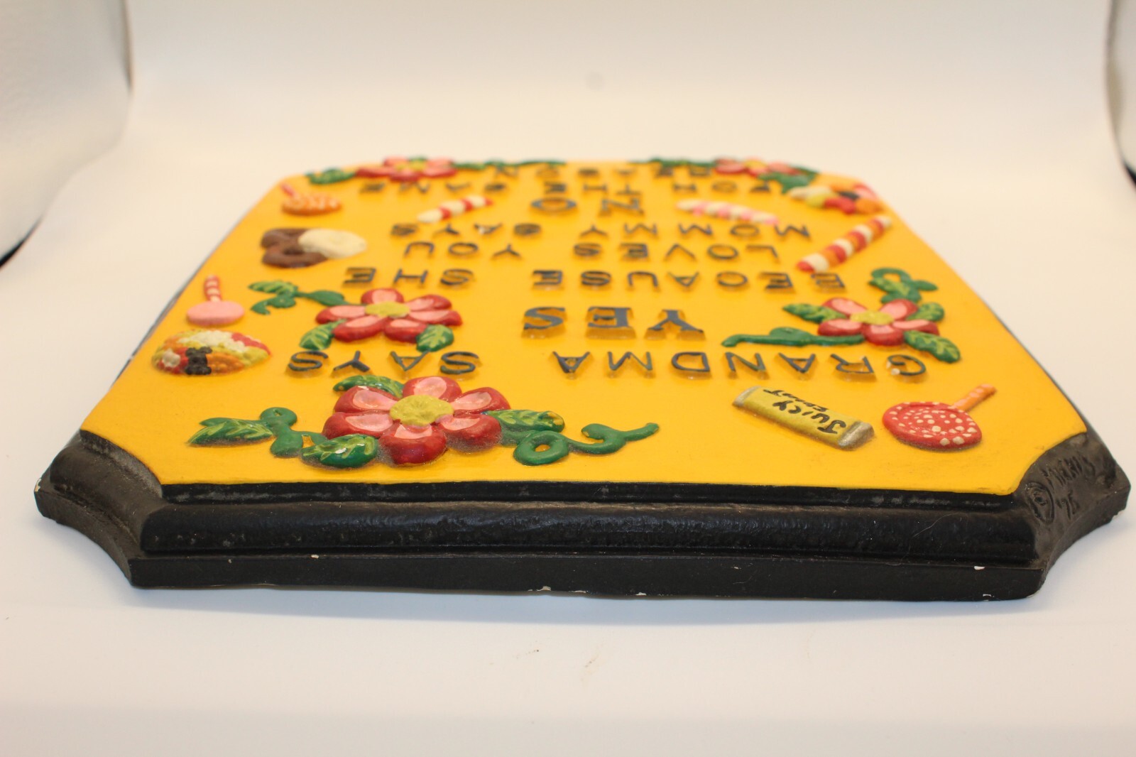 Vintage Grandma Always Says ‘Yes’ Chalkware Plaque Yellow