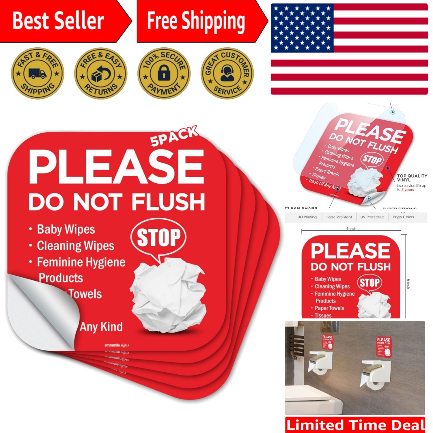 6×6 Please Do Not Flush Warning Sign – 5 Pack, Weatherproof Vinyl Stickers
