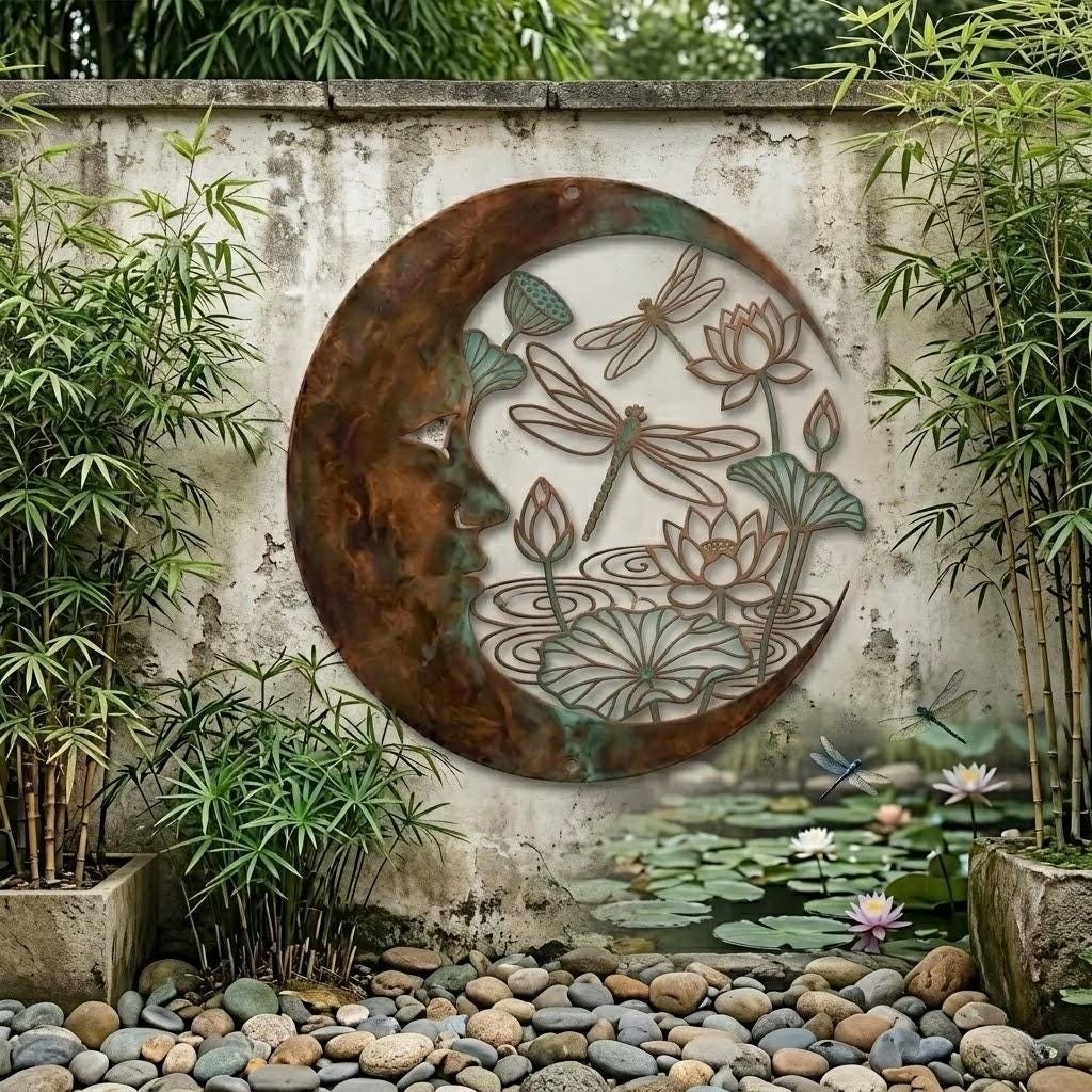 Dragonfly Moon Metal Wall Art, Lotus Pond Decor,Rustic Moon Outdoor Wall Hanging