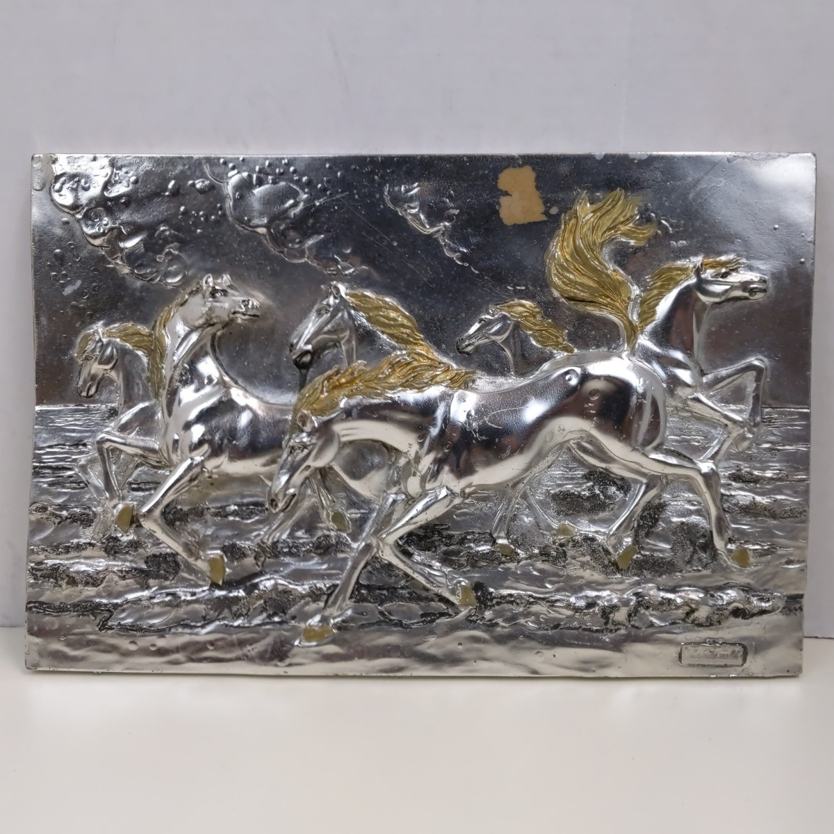 Sterling Silver Overlay Resin Running Horses Wall Art Relief Plaque Home Decor