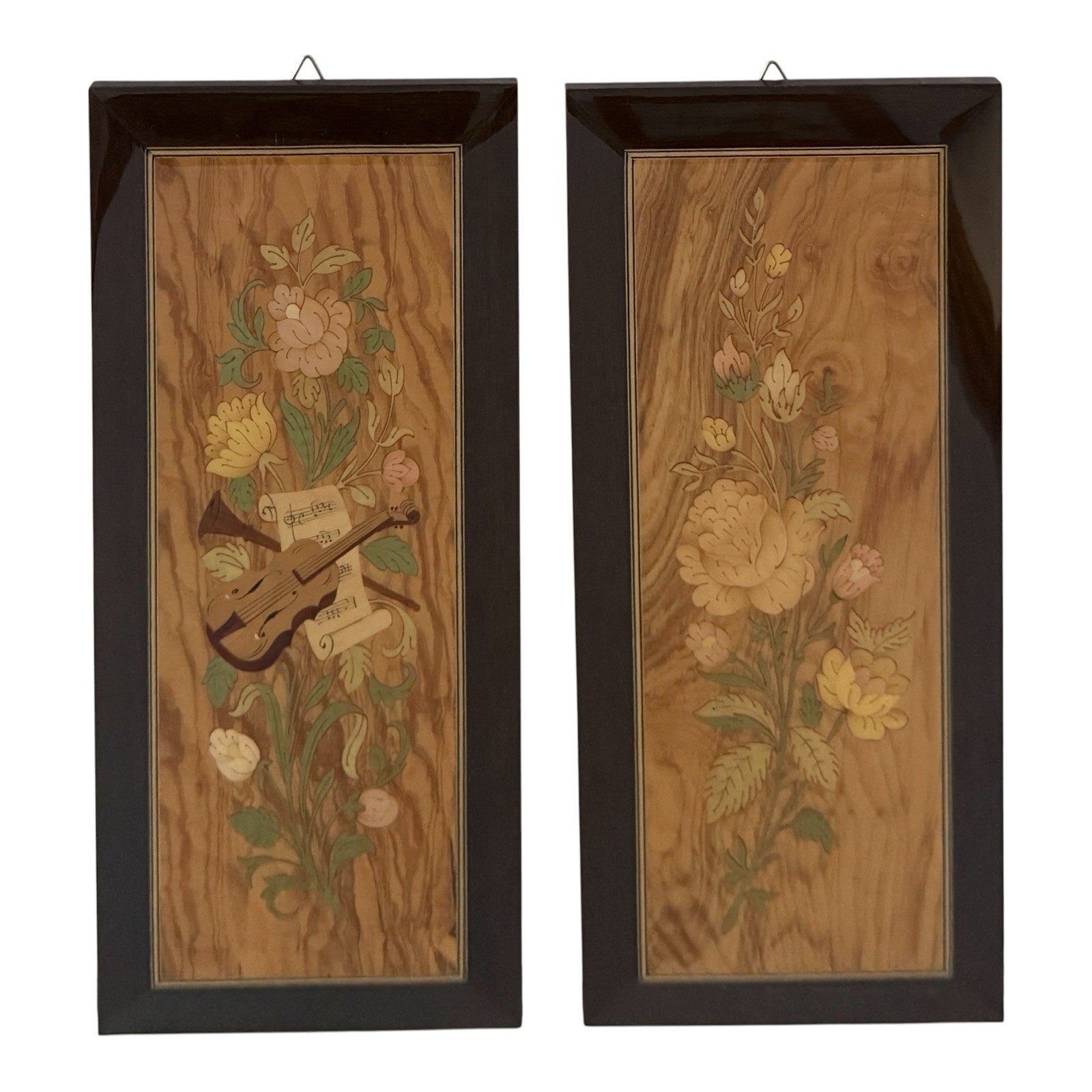 Vintage Italian Marquetry Wall Art Carved Wood Inlay Floral Violin Handcrafted